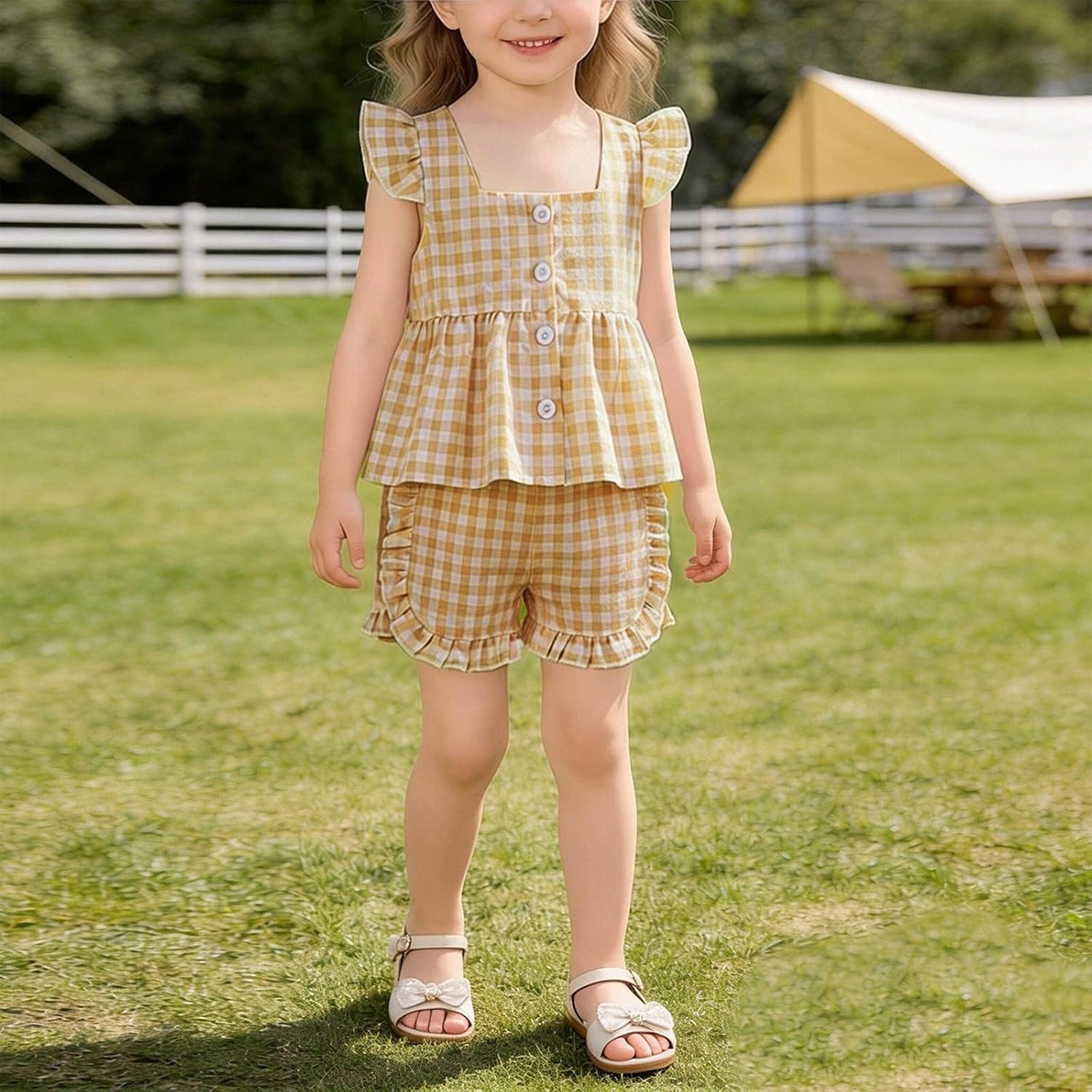 Summer Outfit for Girls Ruffle Trim Gingham A-Line Top Casual Loose Fit Shorts High Elastic Cute Clothing Sets