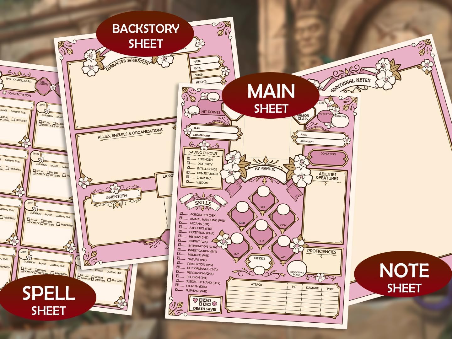 MAZERAN DND 5E Character Sheets, Plastic Wet Erasable Card Board Compatible with Dungeons Dragons 5e TTRPG Game Player, A4 Size Double Side Printing, 3 X 2 Styles for 6 Players Total 12 Pages