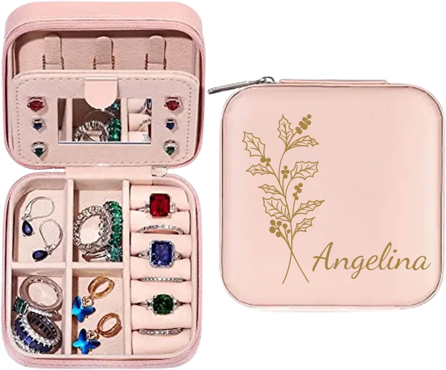 HOBULLHOBULL Personalized Leather Jewelry Box, Birth Flower Name Stamped, Custom Portable Travel Jewelry Case, Customized Jewelry Organizer, Birthday,Wedding,Valentine,Memorial Gifts for Women Girls