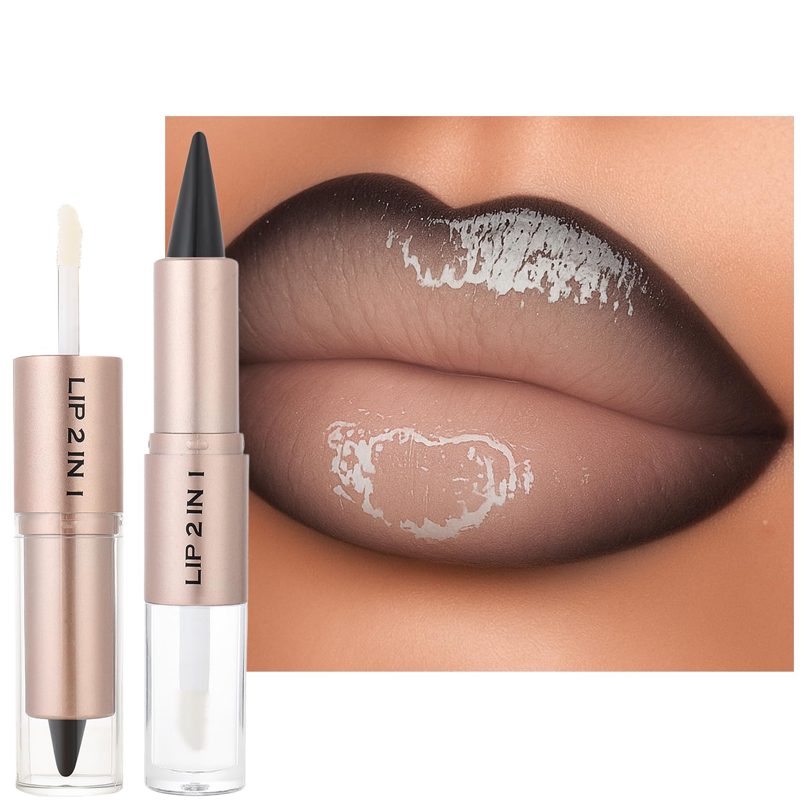 Erinde 2 In 1 Lip Combo Set, Dual-Ended Lip Liner & Gloss Combo, Nude Brown Lipliner, Velvet Matte Lipstick & High-Shine Gloss, High Pigmented Long-Lasting Lipstick Makeup, Vegan & Cruelty-Free, 01 01#