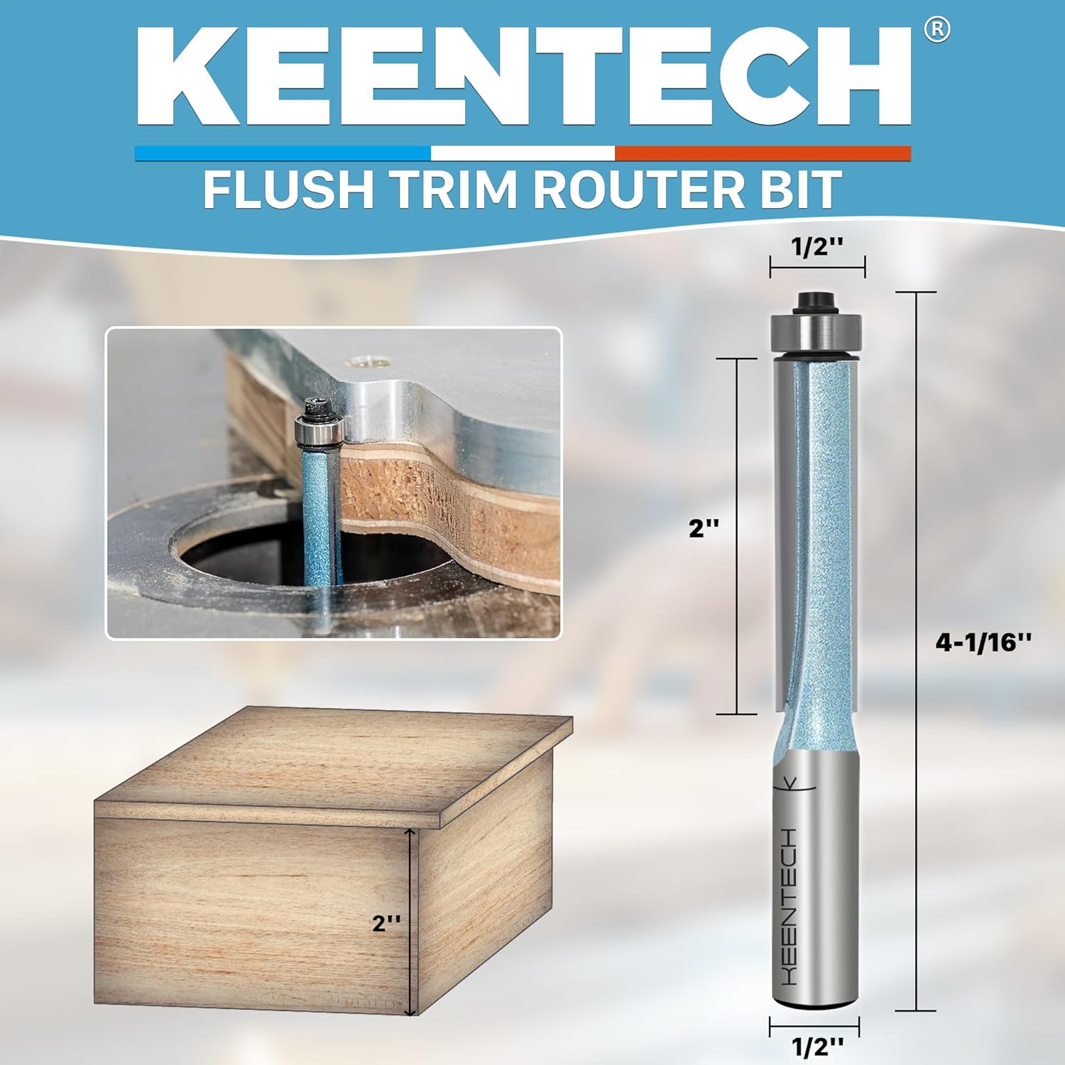 KEENTECH Flush Trim Router Bit, 1/2" Shank, Ideal for Template Work & Clean Flush Trimming, Industrial Carbide Tipped Extra-Long Bearing Pattern Bit, 1/2" Diameter, 2" Cutting Depth