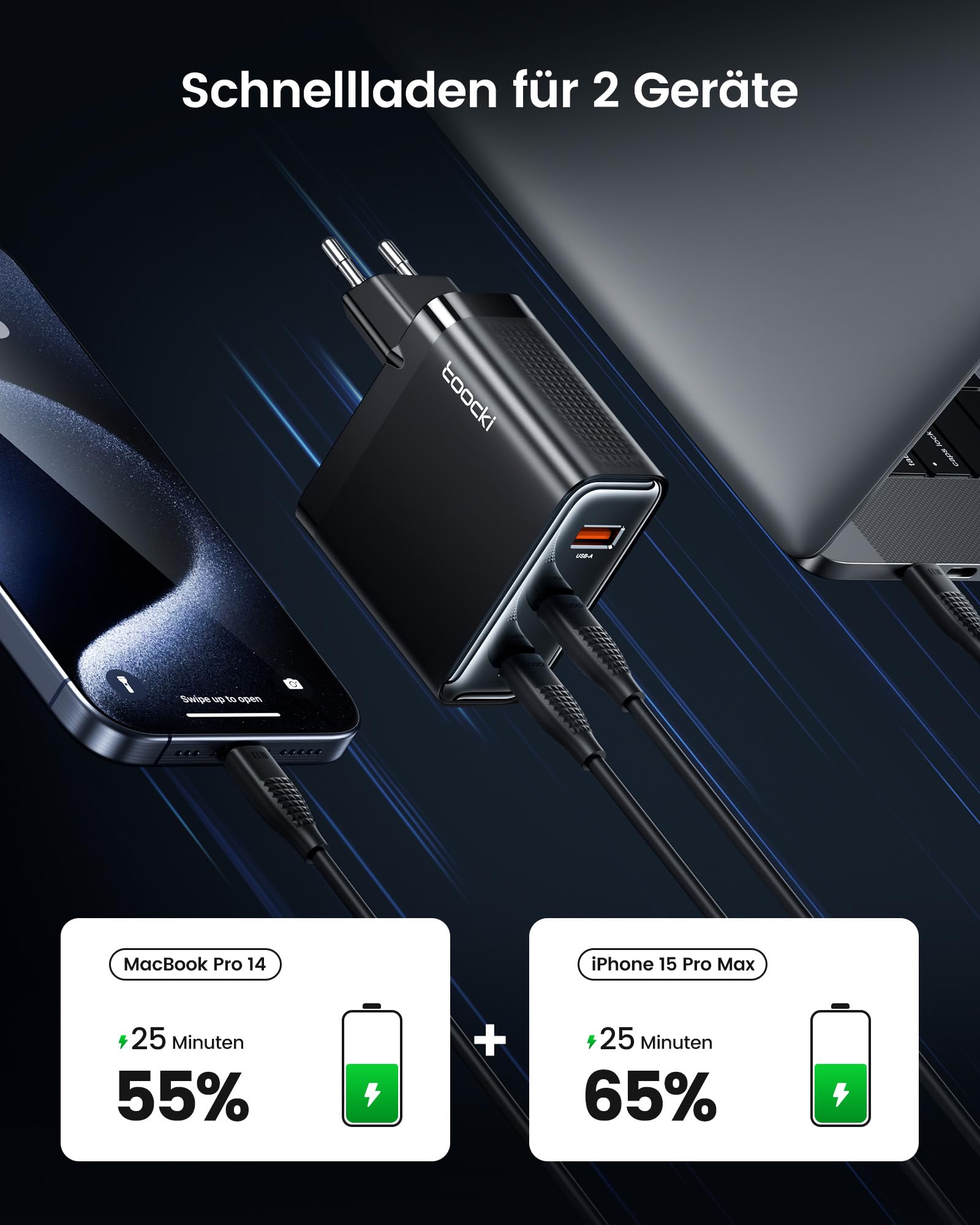 toocki 100W Caricatore USB C GaN Tech 3 Porte, Caricabatterie Type C Caricabatterie Rapido Compatto Compatibile con MacBook Air, iPhone 16/15/14/13, iPad, Samsung Galaxy S24/ S23/ S22, Google Pixel