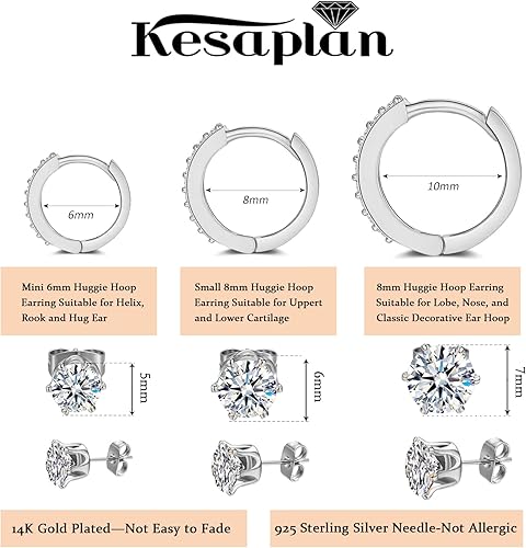 Vista 2 de Juego de aretes de aro y dormilona chapados en oro de 14 quilates, plata de ley 925, aretes de piercing para cartílago, juego de aretes de oro