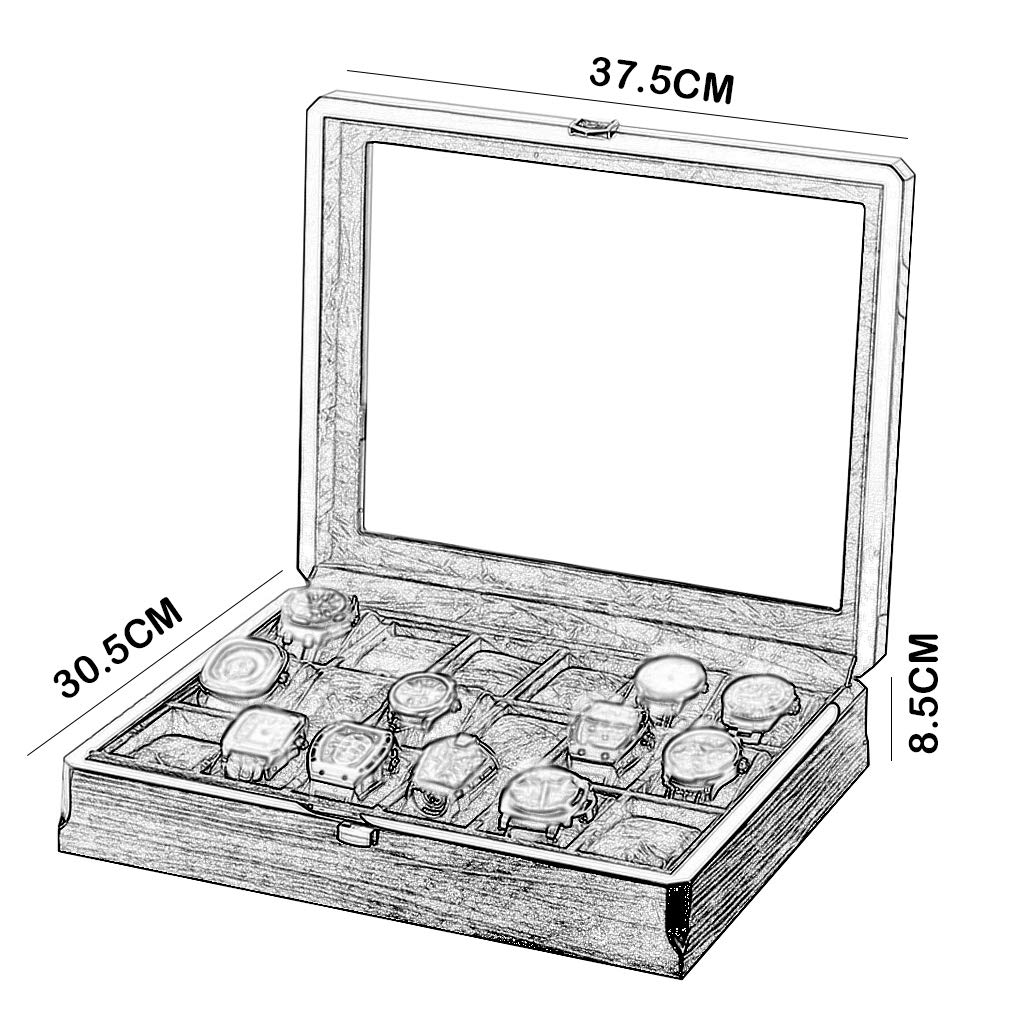 Caja de almacenamiento de madera para reloj de 24 rejillas para hombres/mujeres con tapa de vidrio/relojes de pulsera con cerradura caja de almacenamiento de exhibición de colección de joyas (negro)