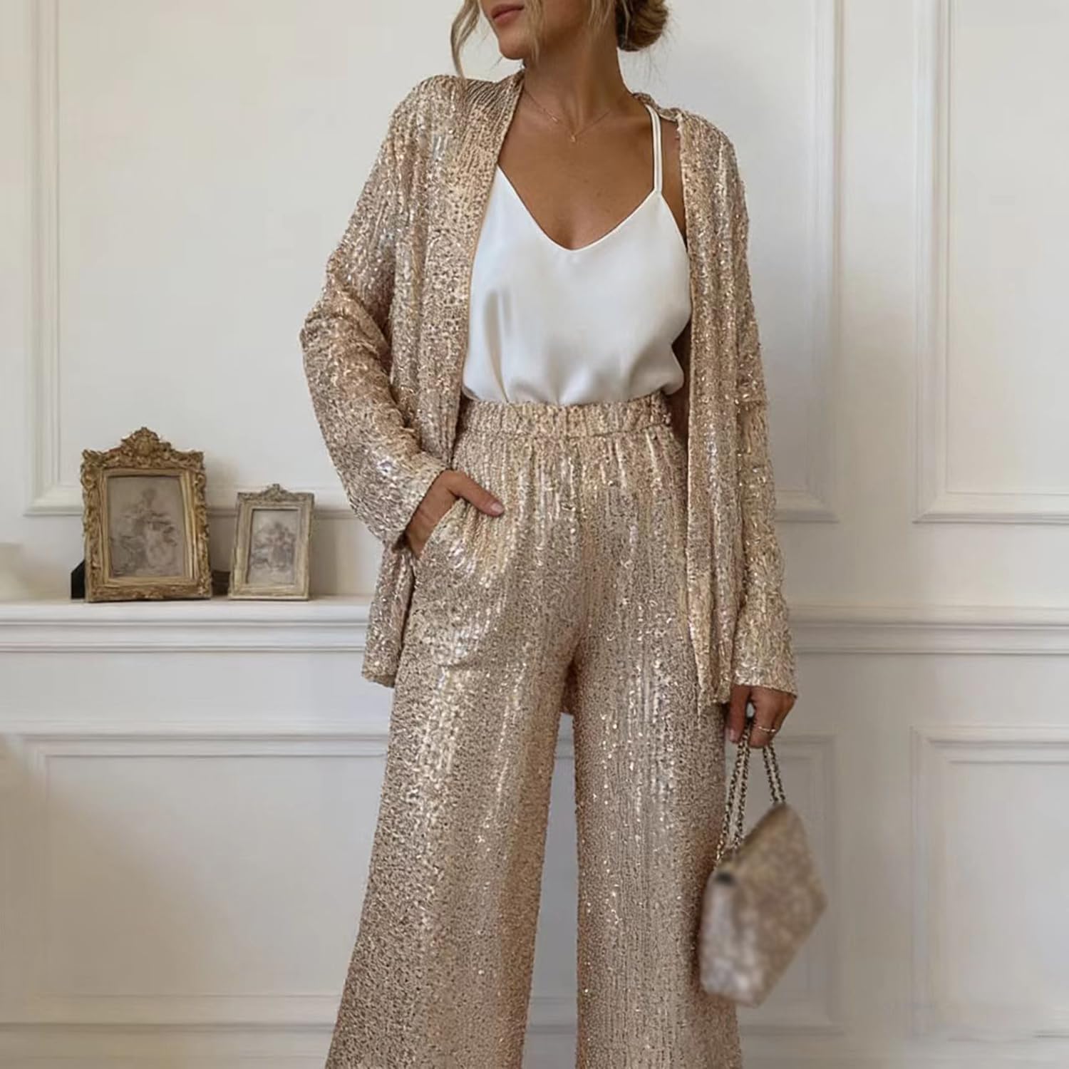 Women's Sequin 2 Piece Set Blazer Sparkly Slim Fit V Neck Top Shiny Clubwear for Party Jacket High Waisted Pant Suit - Image 3