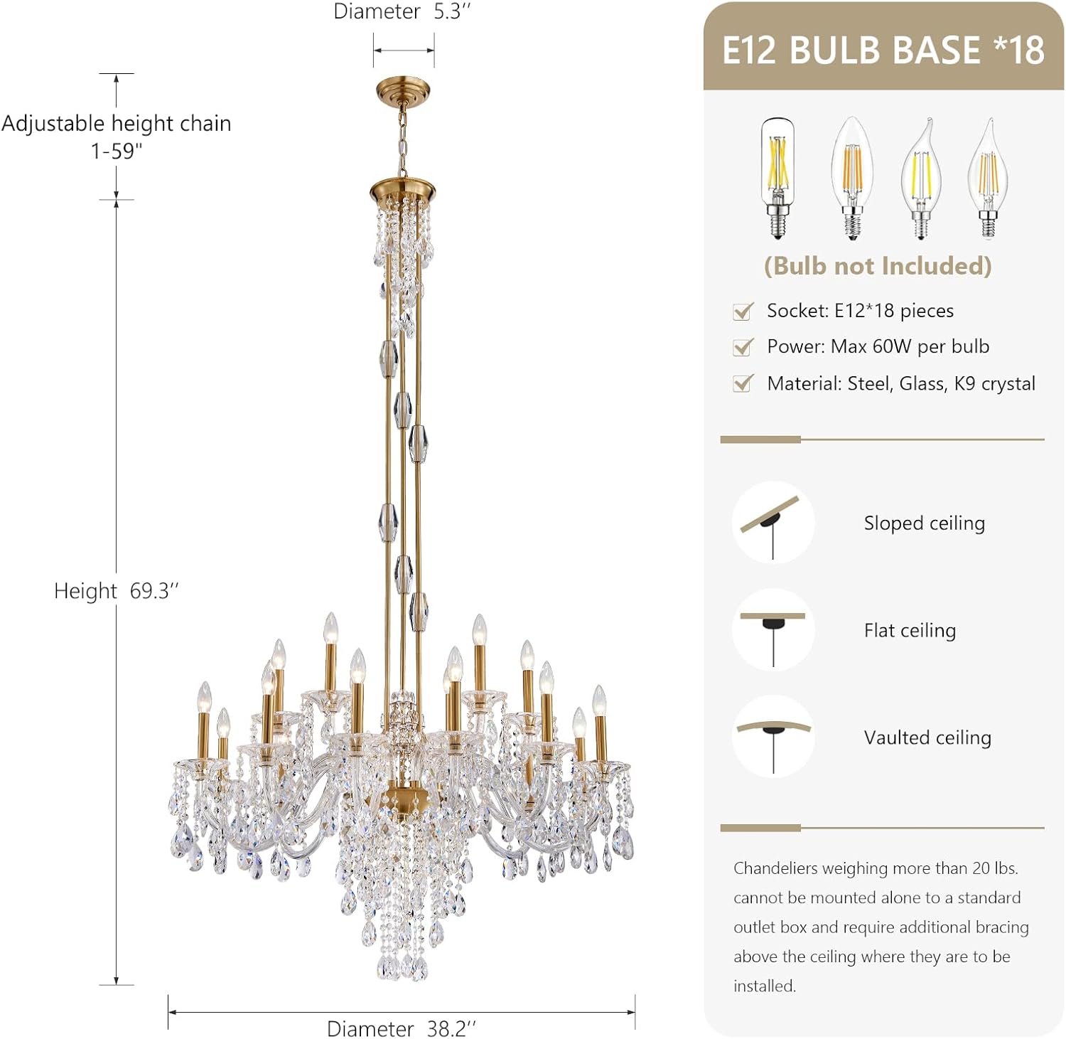 Luxury Gold Crystal Chandeliers, Brass Chandelier, 18 Lights E12 Candle Ceiling Light for Foyer, Dining Room, Living Room, Staircase