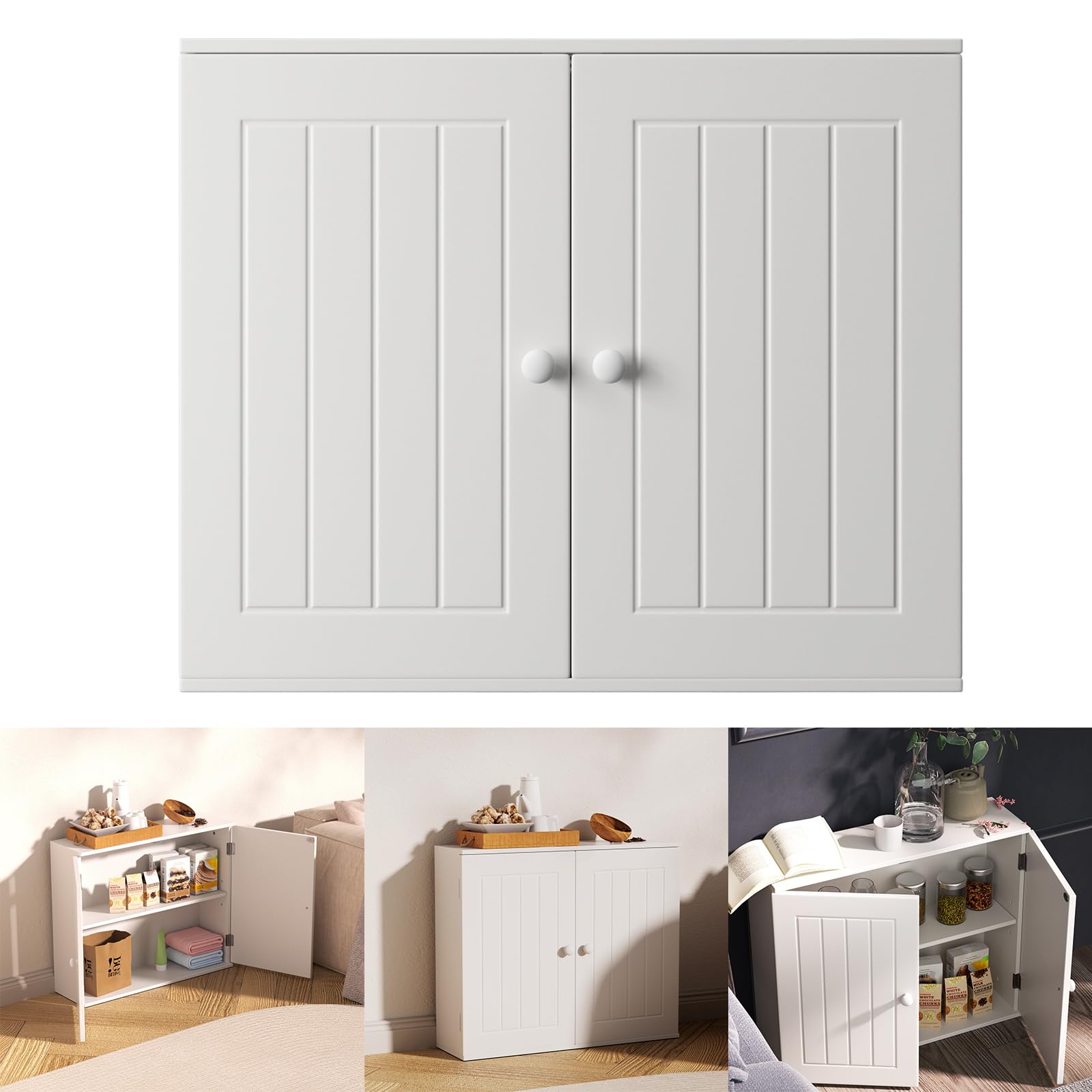 Wall Storage Cabinet, Bathroom Cabinet Wall Mounted Kitchen Storage Cupboard Unit, Wooden Over-The-Toilet Storage Organizer, White Cabinet with Double Doors Adjustable Shelf Furniture, W60*D15*H50cm