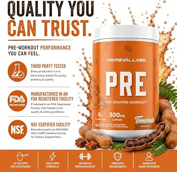 Primeval Labs PRE High-Stim Pre Workout | Energy, Focus & Performance Formula | 300mg Caffeine | 40 Servings | Tamarindo | Authentic Latino-Inspired Flavor to Fuel Your Journey
