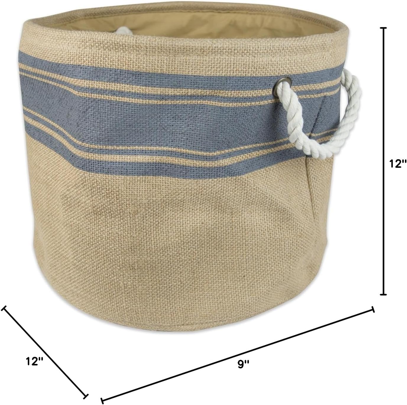 DII Burlap Collapsible Storage Bin with Cotton Handles, Small Round, 12x9, Gray Border