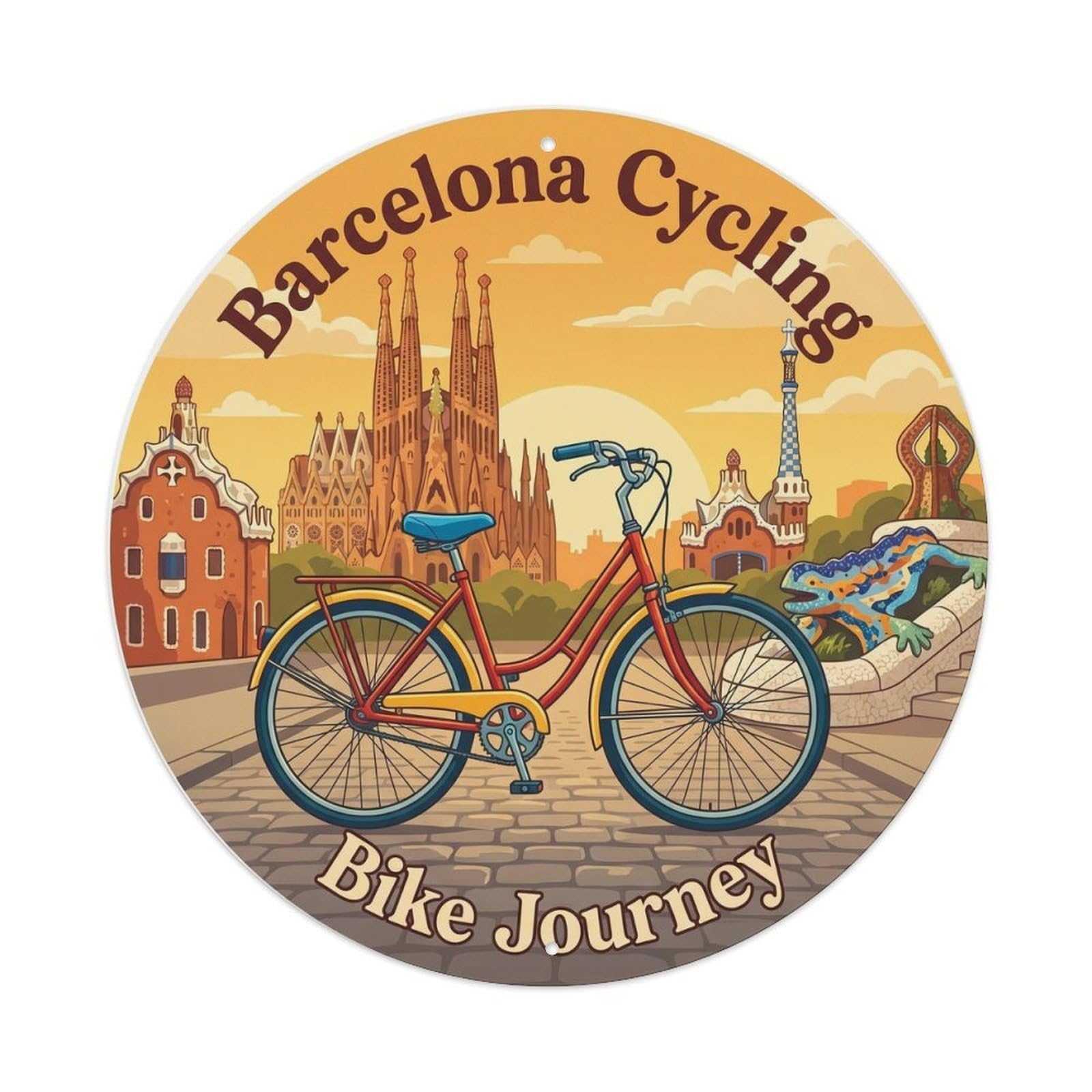 Barcelona Bicycle Journey Vintage Travel Catalan Heritage Metal Tin Sign Plaque Wall Decor for Cafe, Man Cave, Club Bar, Office, Home Garden Round Metal Poster 8x8Inch