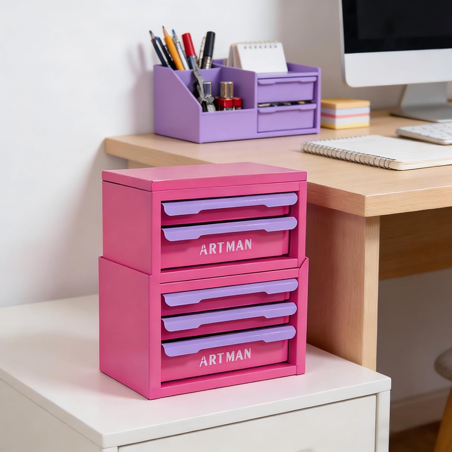 Mini Tool Box with Drawers, Homonova Drawer-Style Desktop Storage Box for Office, 5-Tier Stackable Organizer for Cosmetics, Stationery & Tools, Premium Structural Design (Pink + Purple)