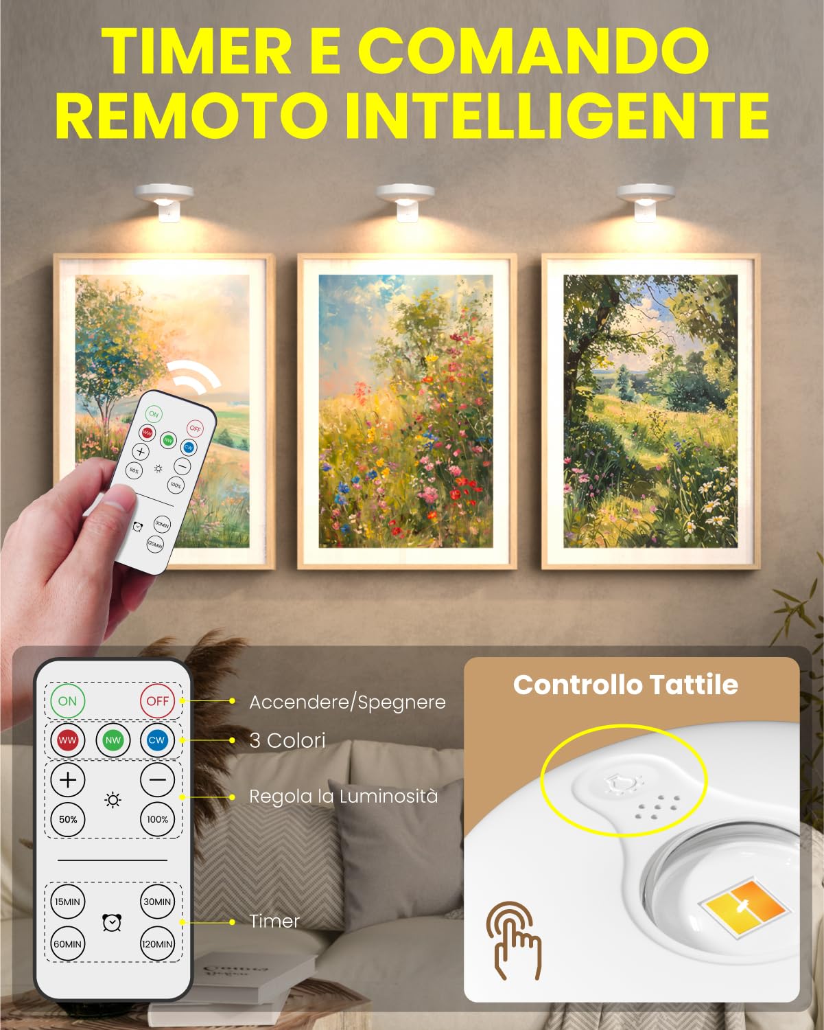 Lampade da Parete Ricaricabili con Telecomando per Foto, Luce a Batteria Regolabile in 3 Colori con Timer, Lampada per Quadri, Lampada per Bocce Ricaricabile, Fino a 50 Ore, 3 Confezioni