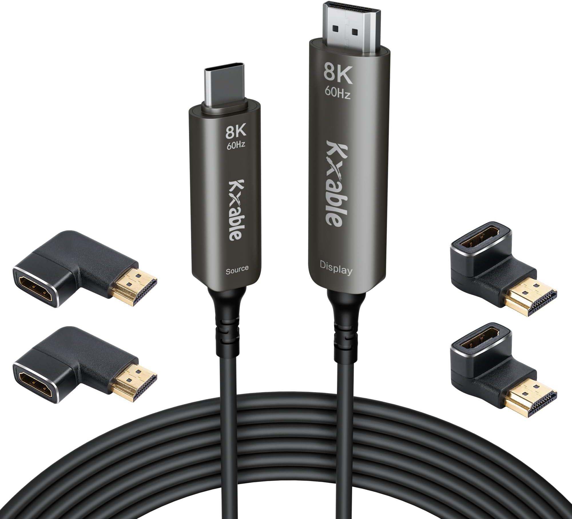 USB C to HDMI 2.1 Cable 35 FT, 8K Active Fiber Optic Type-C to HDMI Cord, (8K@60Hz, HDCP, HDR) Thunderbolt 3/4 Compatible, for iPhone 15 Series, MacBook Pro, iPad Pro, S23, Surface, with 4 Adapters