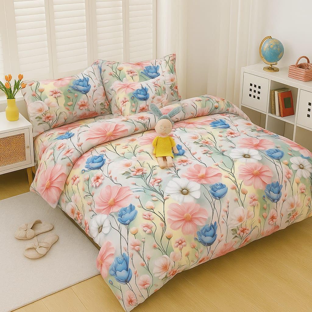 THE HOME STYLE 7D Realistic Effect Supersoft Glace Cotton Elastic Fitted All Around King Size Printed Double Bedsheet with 2 Pillow Cover & King Size Comforter/Duvet/Blanket (72"x78" + Comforter)