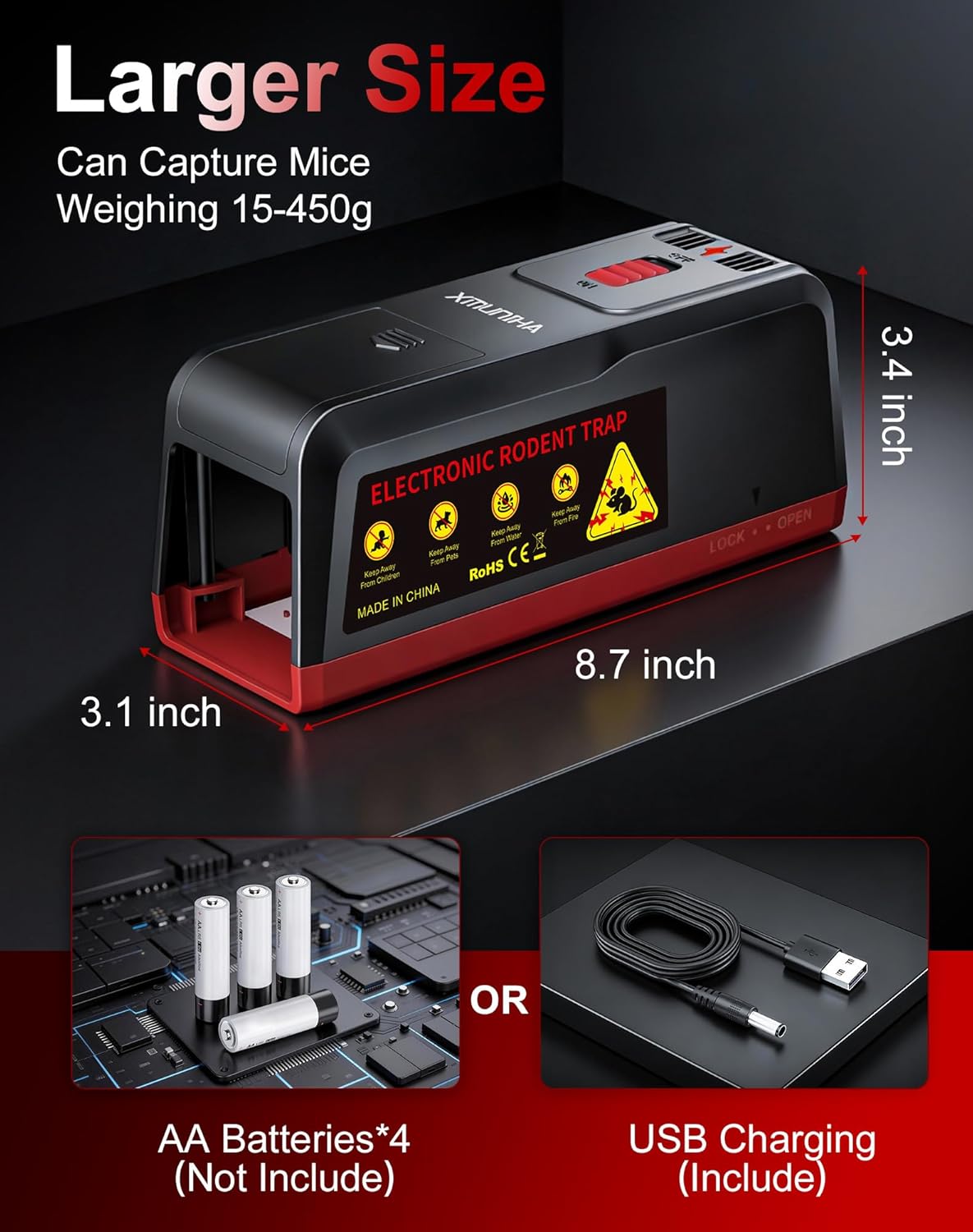 Electric Mouse Trap Zapper, Large High Voltage Instant Kill Rat Trap, Reusable Humane Mouse Trap, No-Touch Electronic Mice Traps, Effective Mouse Traps Indoor for Home, Kitchens, Garages Red 1PCS