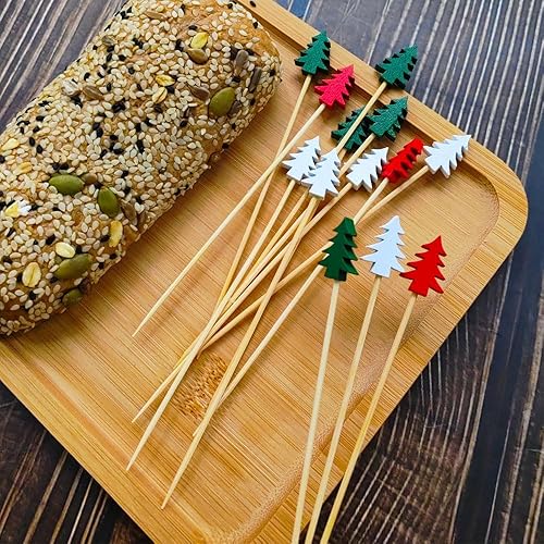 Miniatura 8 de 100 piezas de selecciones de cóctel de bambú frutacomida palillos de dientes festivos de aperitivos de 4.72 pulgadas palillos de madera con árboles