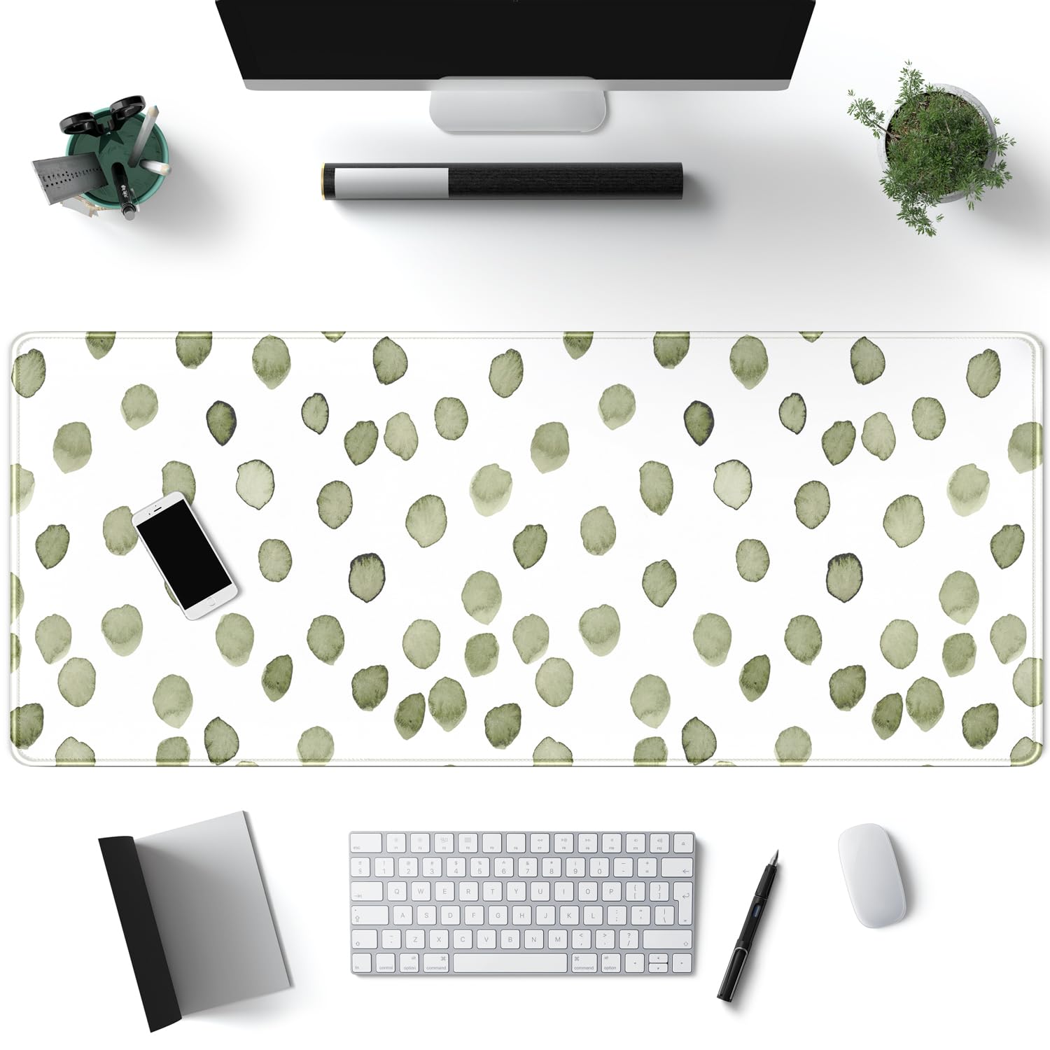 Cute Polka Dot Minimalist Green Keyboard Pad Simple & Atmospheric Desk Mat XL Large Mouse Pad for Women Office Desk Decor Desk Pad with Stitched Edges 31.5x11.8in, Computer Laptop Pad Gaming Mousepad — image 1