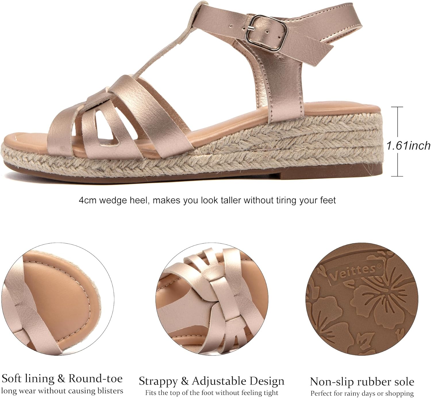 Veittes Women's Platform Wedge Heel Sandals - Open-Toe Ankle Strap with Adjustable Buckle Closure, Comfortable Insole, lightweight Rubber Sole, Casual Summer Strappy Sandals - Image 5