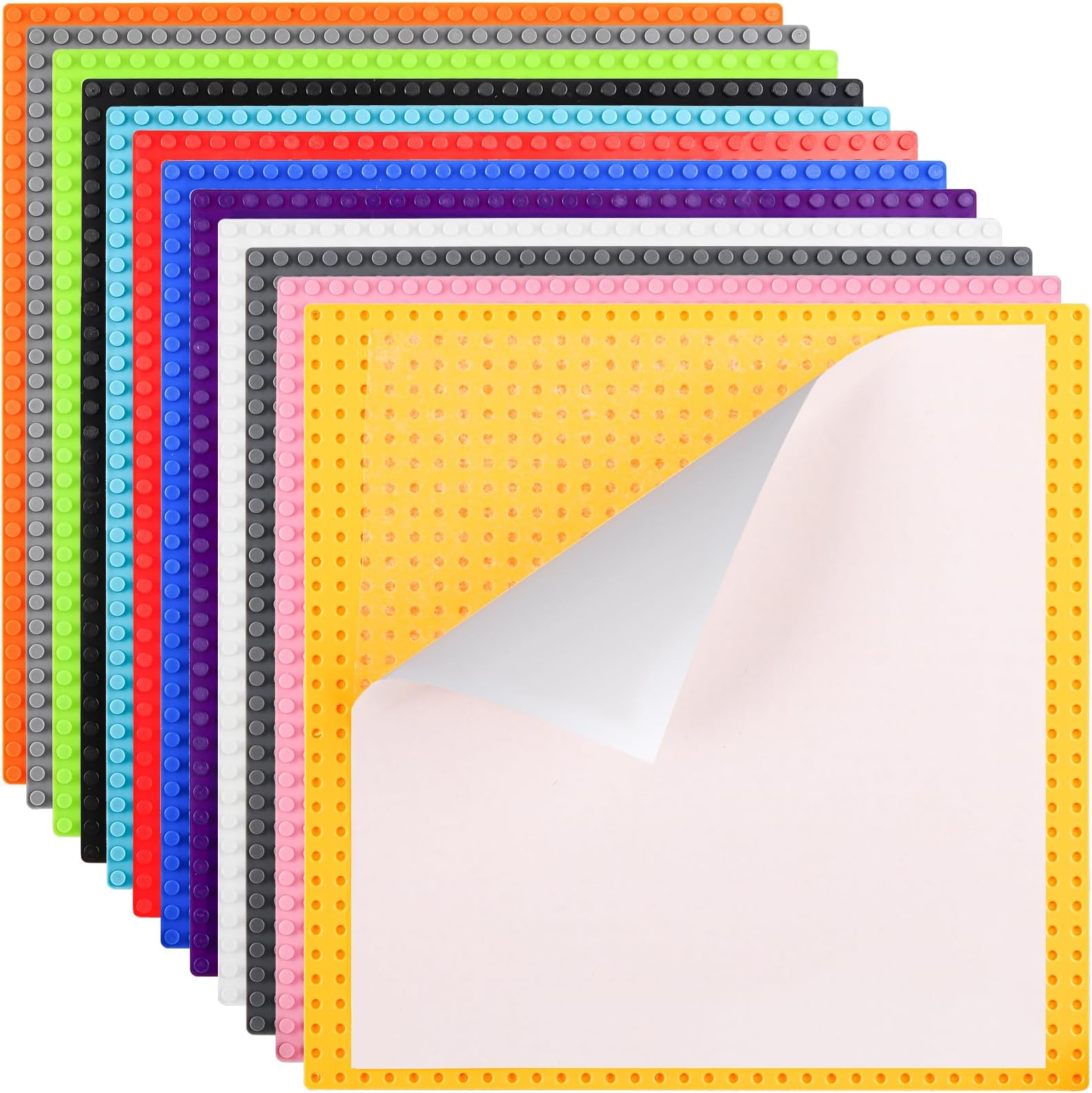 ZEAYEA 12 Pack Peel and Stick Baseplates, 10 x 10 Inch Self Adhesive Building Base, Compatible with Most Standard Bricks, Building Brick Plates for Activity Tables, Walls, 12 Colors