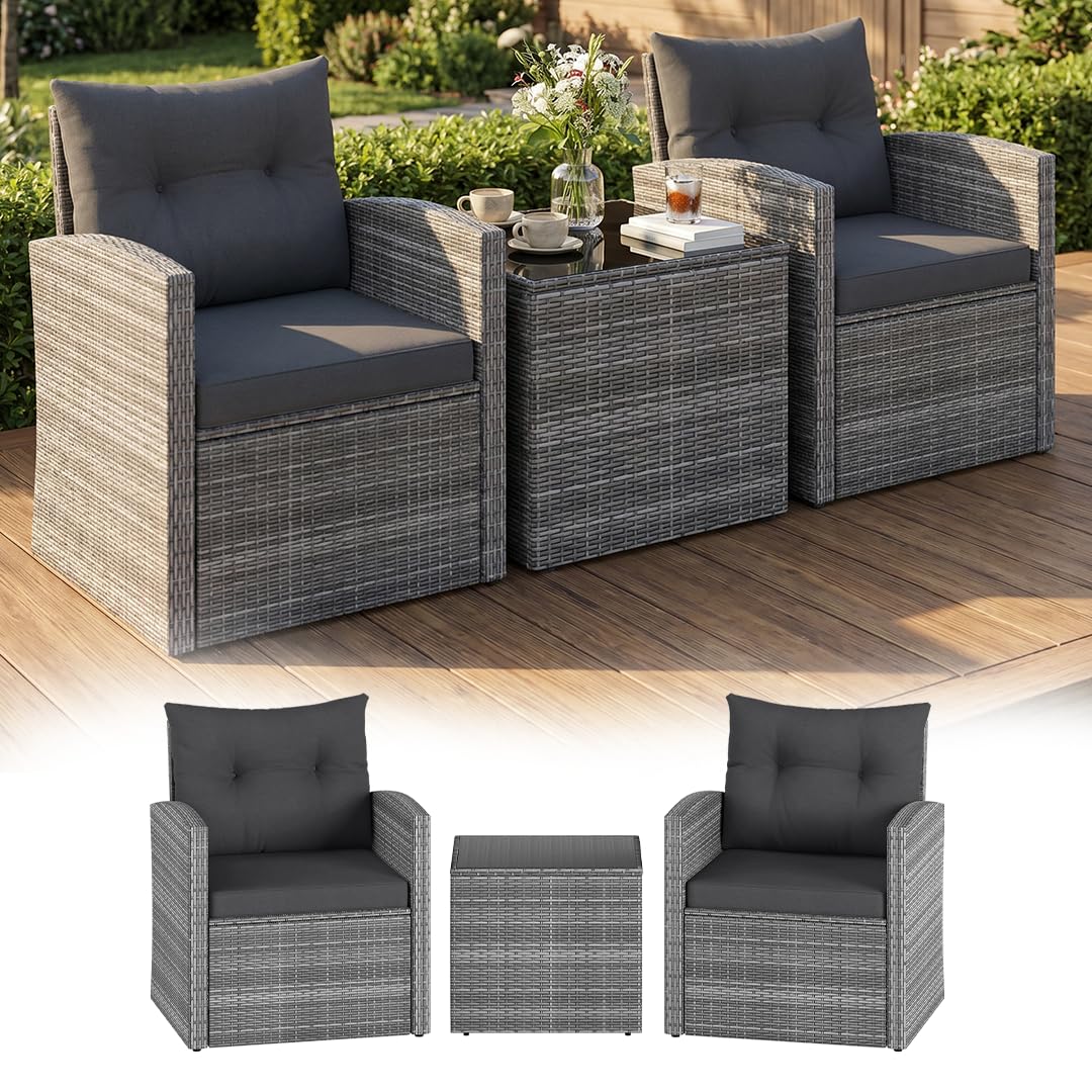 STEELSØN Selaria Rattan Gartenmöbel – Sitzgarnitur 2 Gartenstühle & 1 Tisch – Outdoor-Sitzgruppe grau – Gartensessel wetterfest 2 Personen – Gartenset mit Sitzkissen – Balkonset – Terrassenmöbel