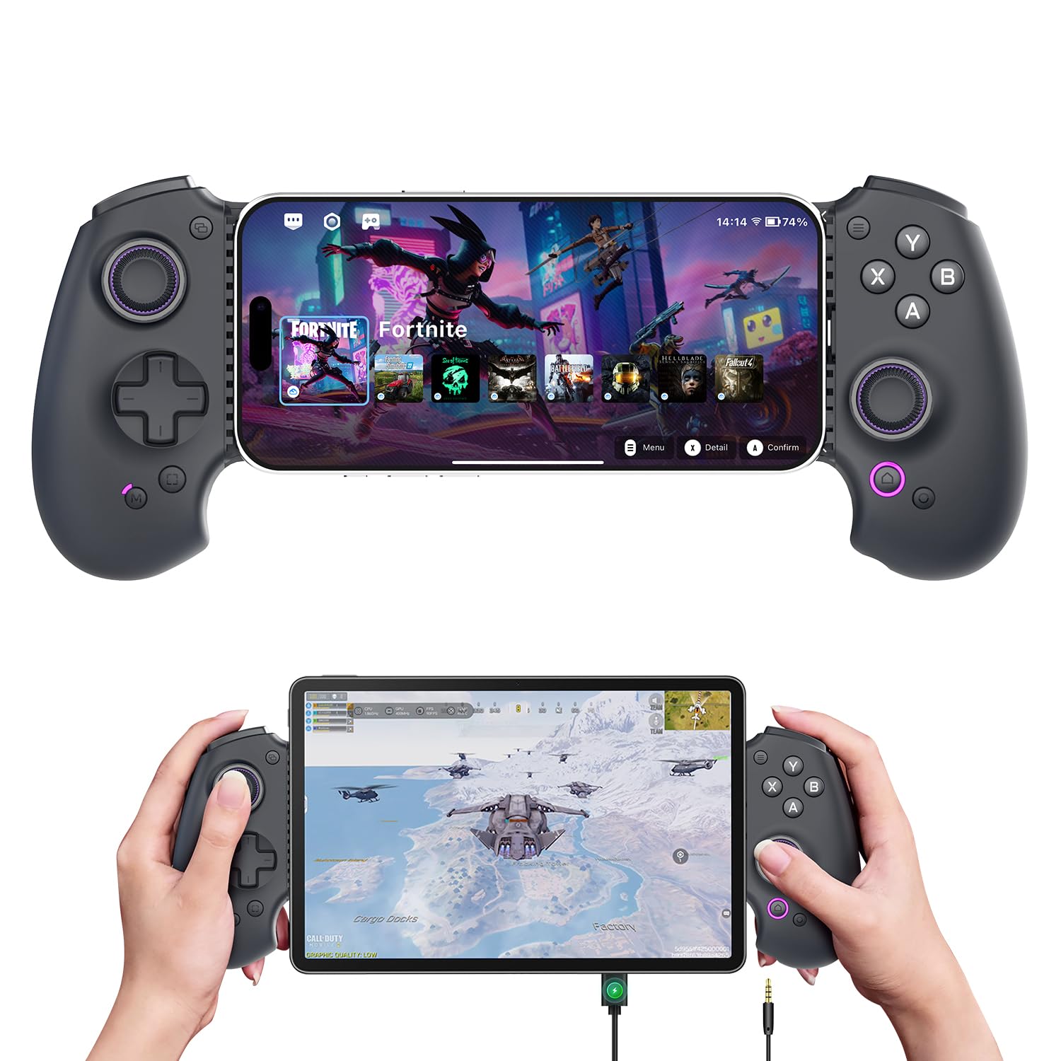 abxylute S9 プロゲーマー向け フルサイズゲームパッド iPhone15/16 シリーズ・iPhone 17・iPad Mini 6/7・Android、タブレット・ Type-C 高速接続（安定）＋ブルートゥース・ホール効果ジョイスティック/トリガー付きスマホコントローラー ドリフト防止無線コントローラー 高耐久ボタン ・216㎜の伸縮 4 段階振動 6軸ジャイロセンサー Minecraft /原神/ COD/荒野行動/PUBG 日本語の説明書/1 年品質保証
