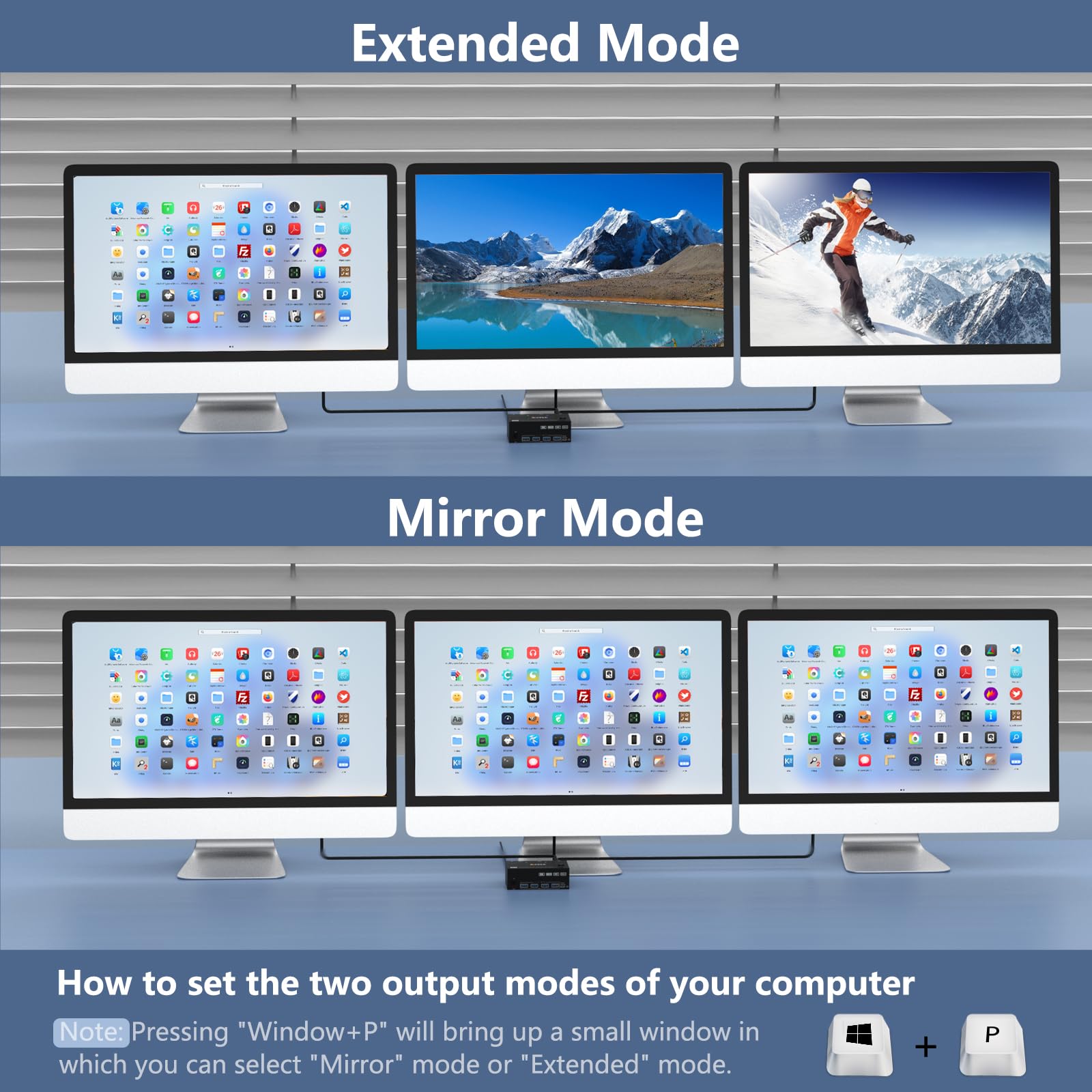Przełącznik KVM, 2 szt., 3 monitory, 8K przy 60 Hz, 4K przy 144 Hz, ESKEVE HDMI+2 Displayport KVM Switch do 2 monitorów komputerowych, Share 3 i 4 urządzeń USB3.0, z zasilaczem DC 12 V + przewodowym