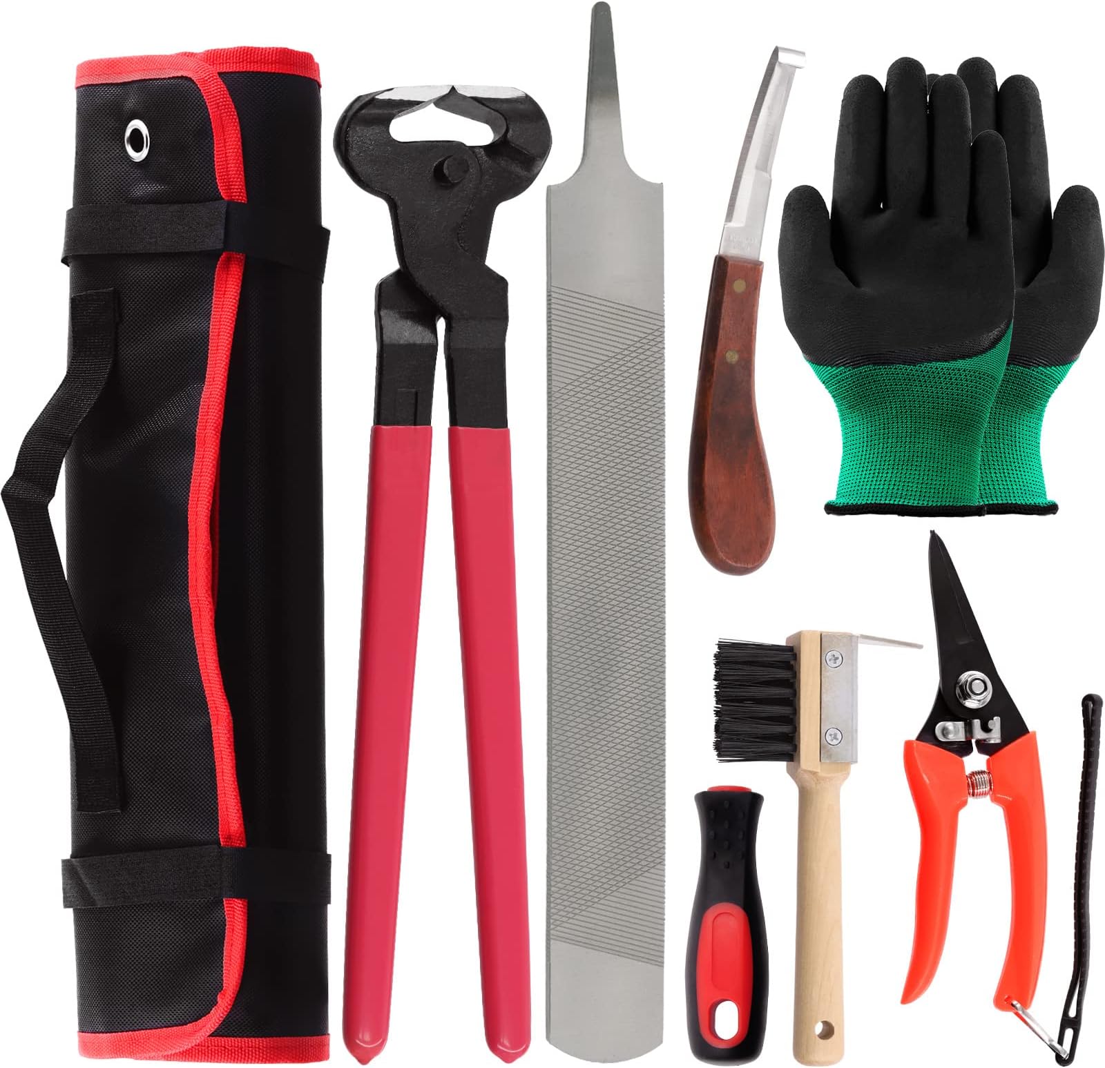 Swpeet 8Pcs Professional Farrier Tools Value Kit with Roll Pack, Horses Hoof Trimmers Shears Tools, Hoof Cutter, Farrier Rasp File and Rubber Handle, Hoof Nipper, Horseshoe Brush, Hoof Knife