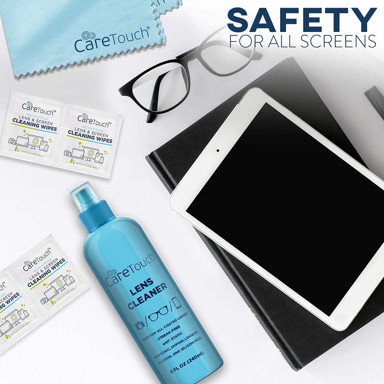 Care Touch Eyeglass Cleaner Spray Kit, Alcohol-Free Glasses Cleaner Solution for All Lenses, 16oz (8oz x 2) & 2oz Bottles - Eye Glasses Lens Cleaner Kit with 26 Lens Wipes & 2 Microfiber Cloths : Health & Household