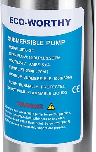 Miniatura 5 de ECO-WORTHY Bomba de Pozo 24V 3.2GPM 4" Acero Inoxidable, Bomba de Agua de Pozo Profundo de Elevación Máxima 230FTEnergía Alternativa Solar, Bomba de