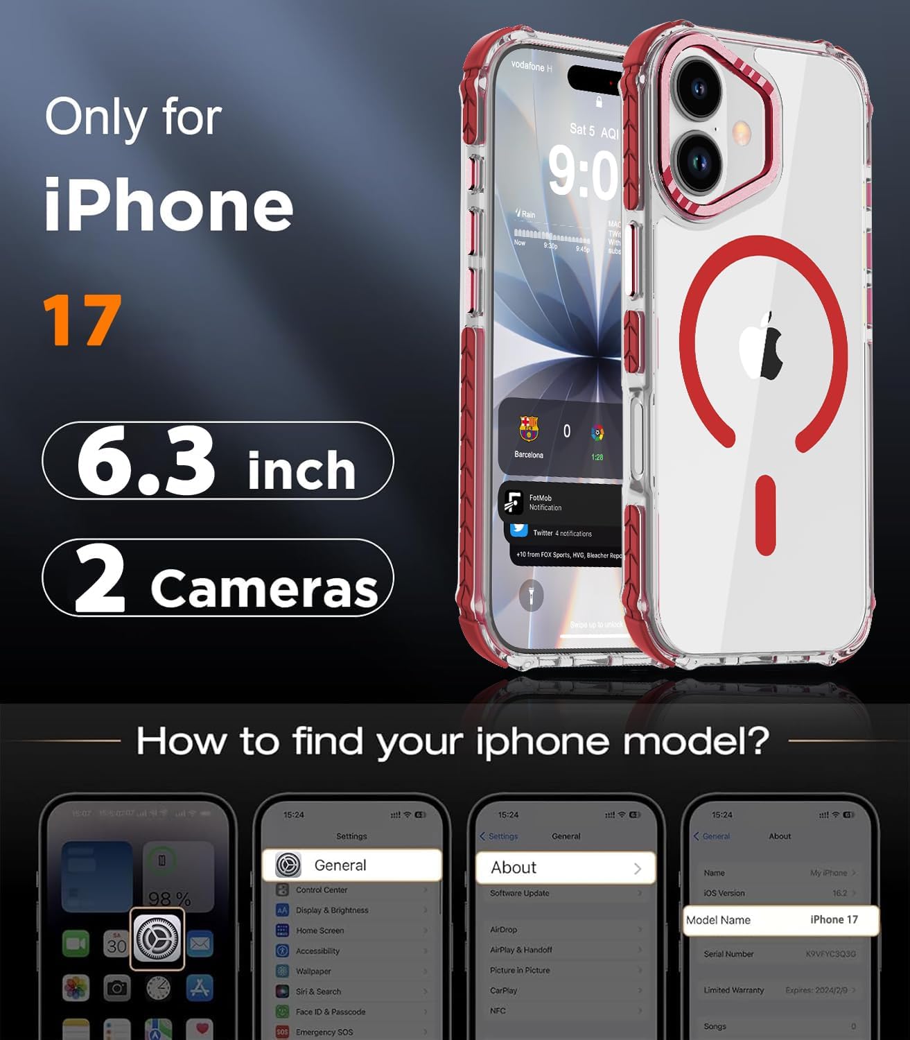 DEERLAMN Strong Magnetic Case for iPhone 17 6.3-Inch,[Compatible with Magsafe][Military Grade Drop Protection] Clear Slim Shockproof Protective Phone Cover-Transparent Red - Image 2