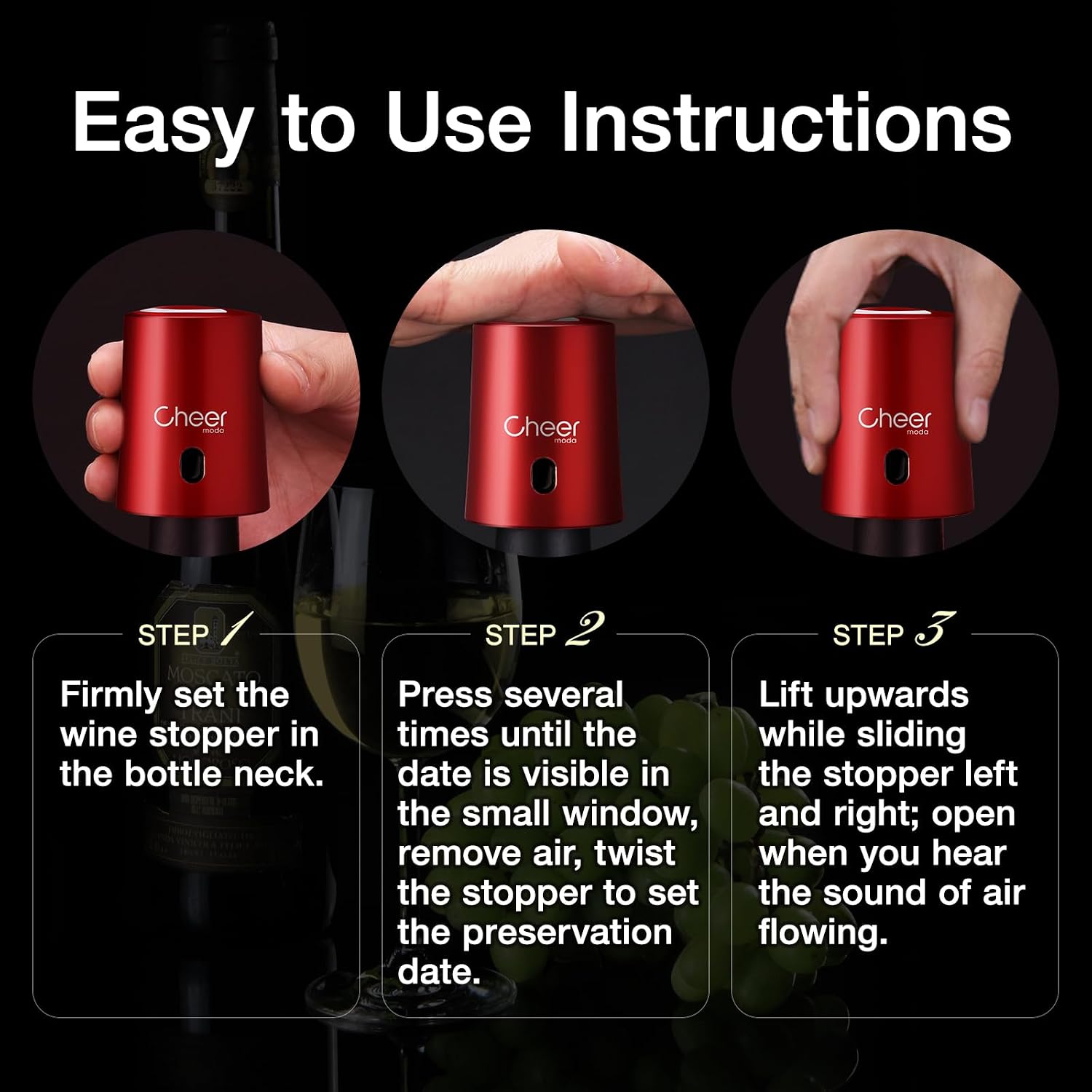 CheerModa Vacuum Wine Stopper with Date Display – 7‑Day Wine Preservation Stopper, Silicone Wine Cap & ABS, French Design, 4 Colors (Black-JS15-FBA)
