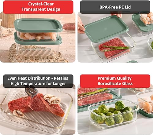 Miniatura 4 de EATEX Paquete de 6 recipientes de vidrio para preparación de comidas, 6 recipientes herméticos apilables de vidrio con tapas, aptos para microondas,