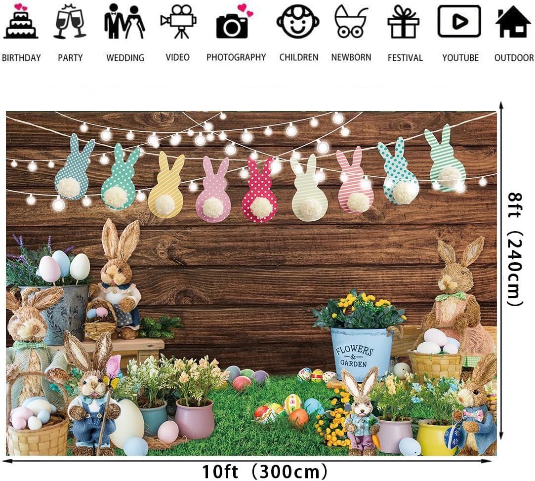 Easter Backdrop for Photography 10x8FT Spring Green Grass Flower Rabbit Egg Wooden Wall Background Easter Kids Newborn Portrait Photo Props