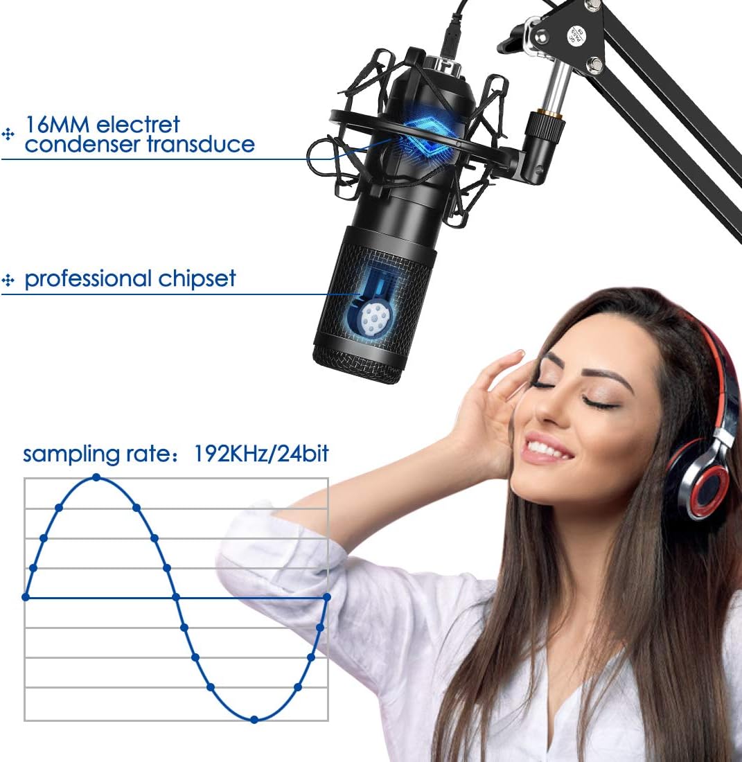 Yakomon USB Streaming Podcast Microphone Kit, Professional 192KHZ/24Bit Studio Cardioid Condenser Computer PC Mic Kit with Scissor Arm Shock Mount Stand Pop Filter for Music Recording,YouTube
