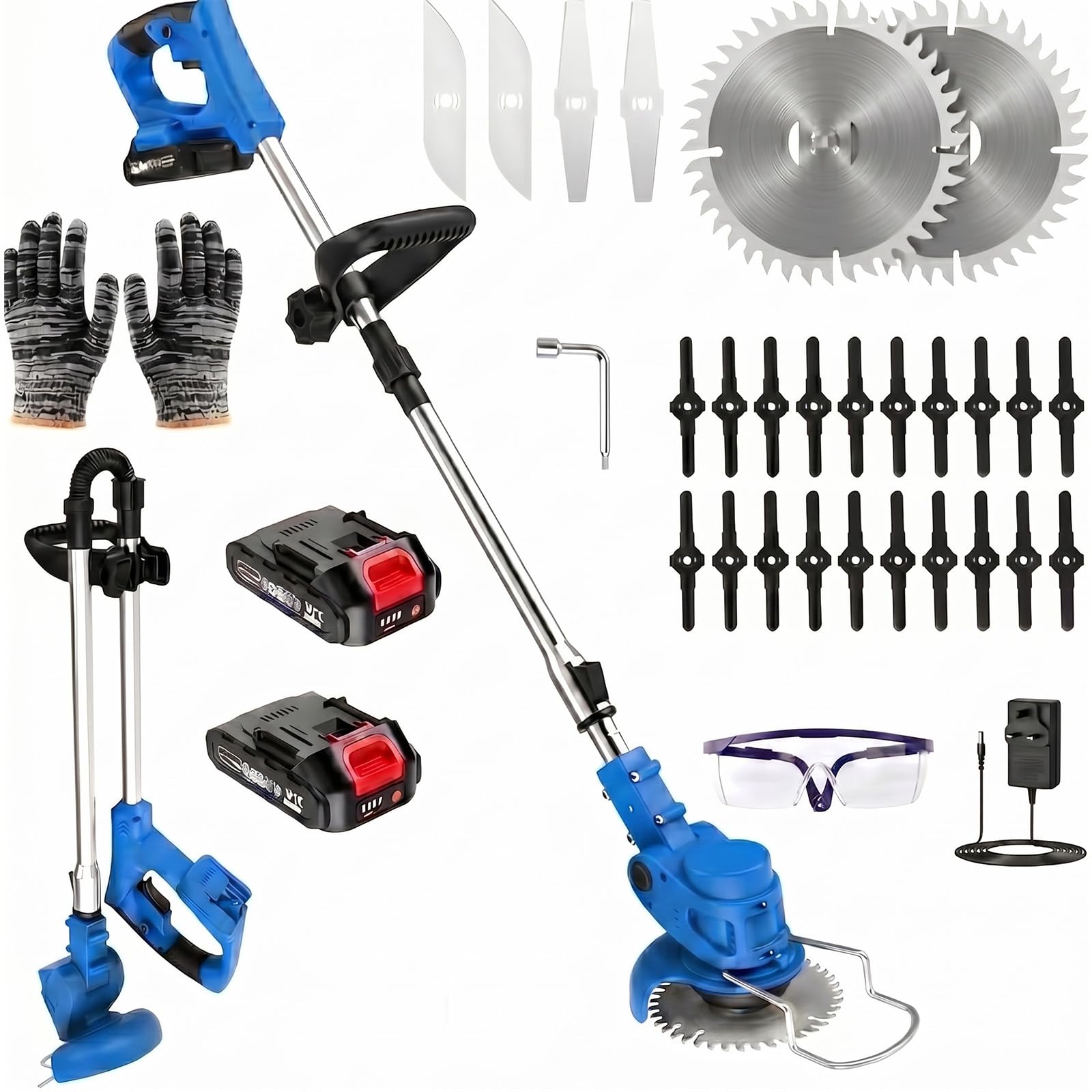 21V Cordless Strimmer, 750W Grass Trimmer with 2 x 2000mAh Batteries & Charger, Lightweight Foldable Garden Strimmer with 26 Blades for Lawn Edging, Weed Cutting & Garden Trimming (Electric Blue)