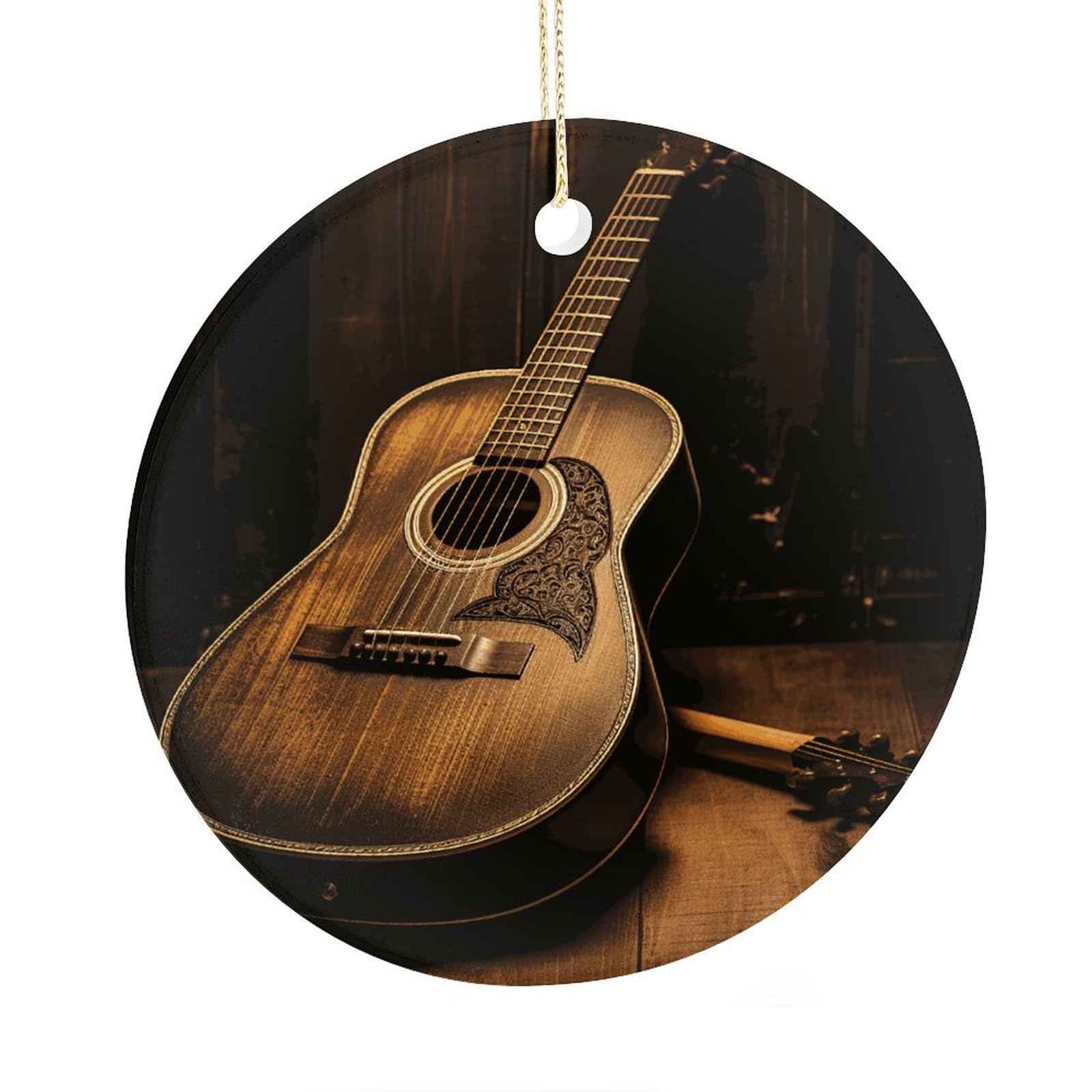 Fekiloot Style Old West Guitar Christmas Ornaments 2.9 Inch Round Ceramic Ornament Keepsake Thank You Gifts For Office, Room, Home - Holiday Present Ideas