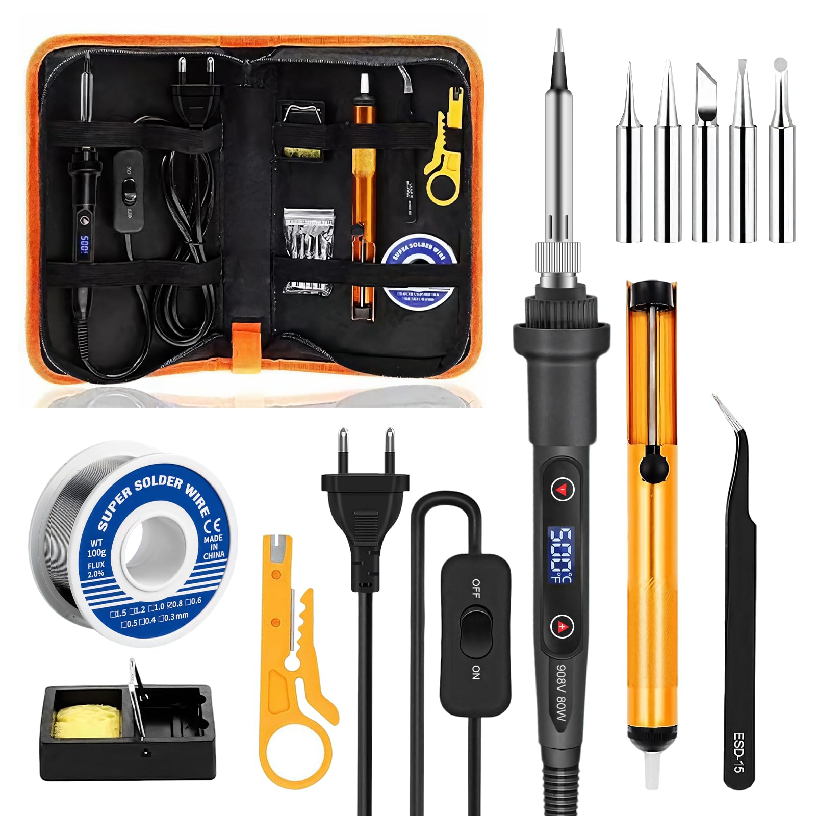 Kit Fer à Souder 80W, Température Réglable 180-500°C, Électronique de Précision avec Interrupteur Marche/Arrêt, 5 Pannes, Fil de Soudure, pour Réparation Électrique et Bricolage (Noir) - 2