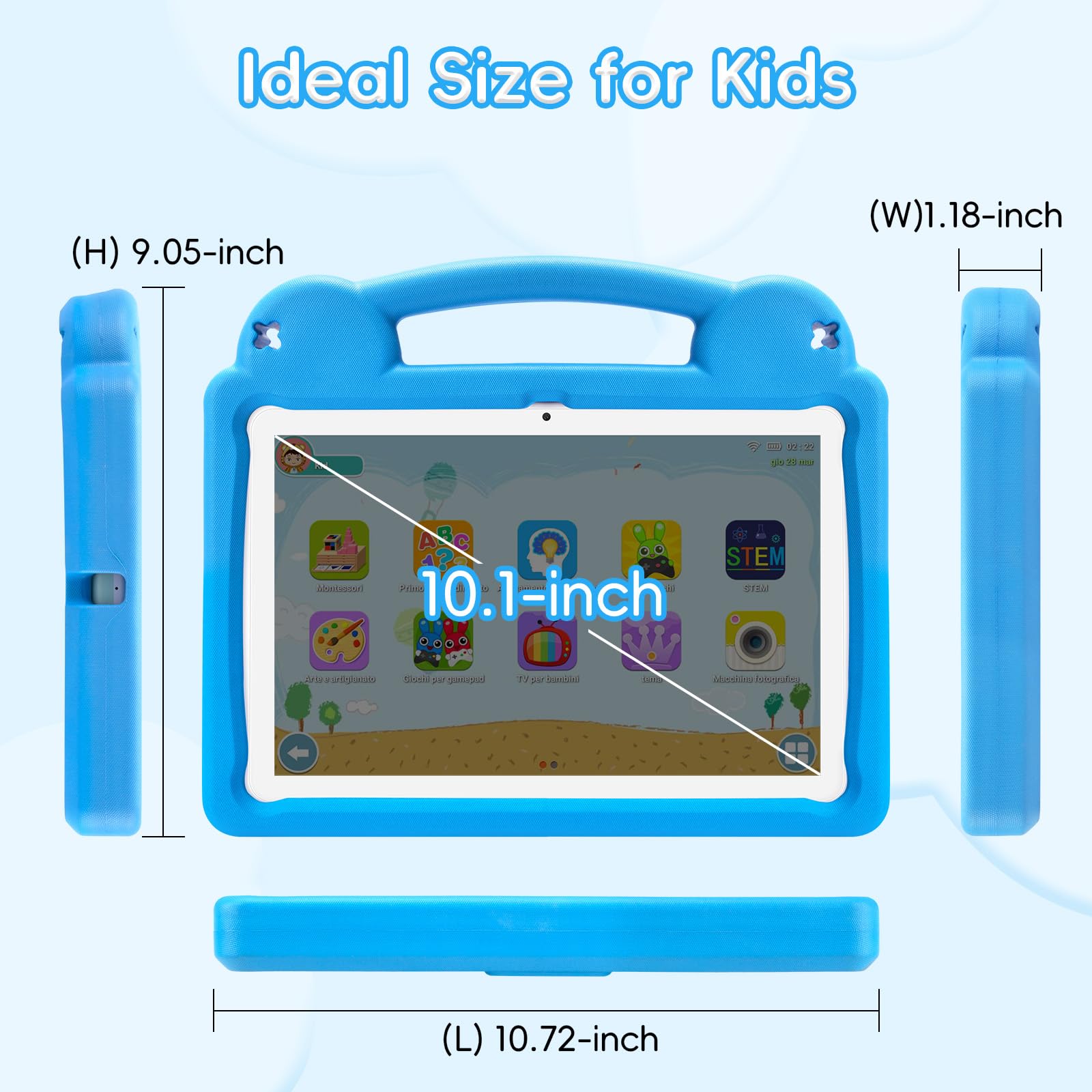 Tablet per bambini da 10,1 pollici, Android 15, con Octa-Core A523, 8 GB+64 GB, batteria 5000 mAh, Wi-Fi 6, controllo genitori, certificato GMS, con custodia in EVA blu