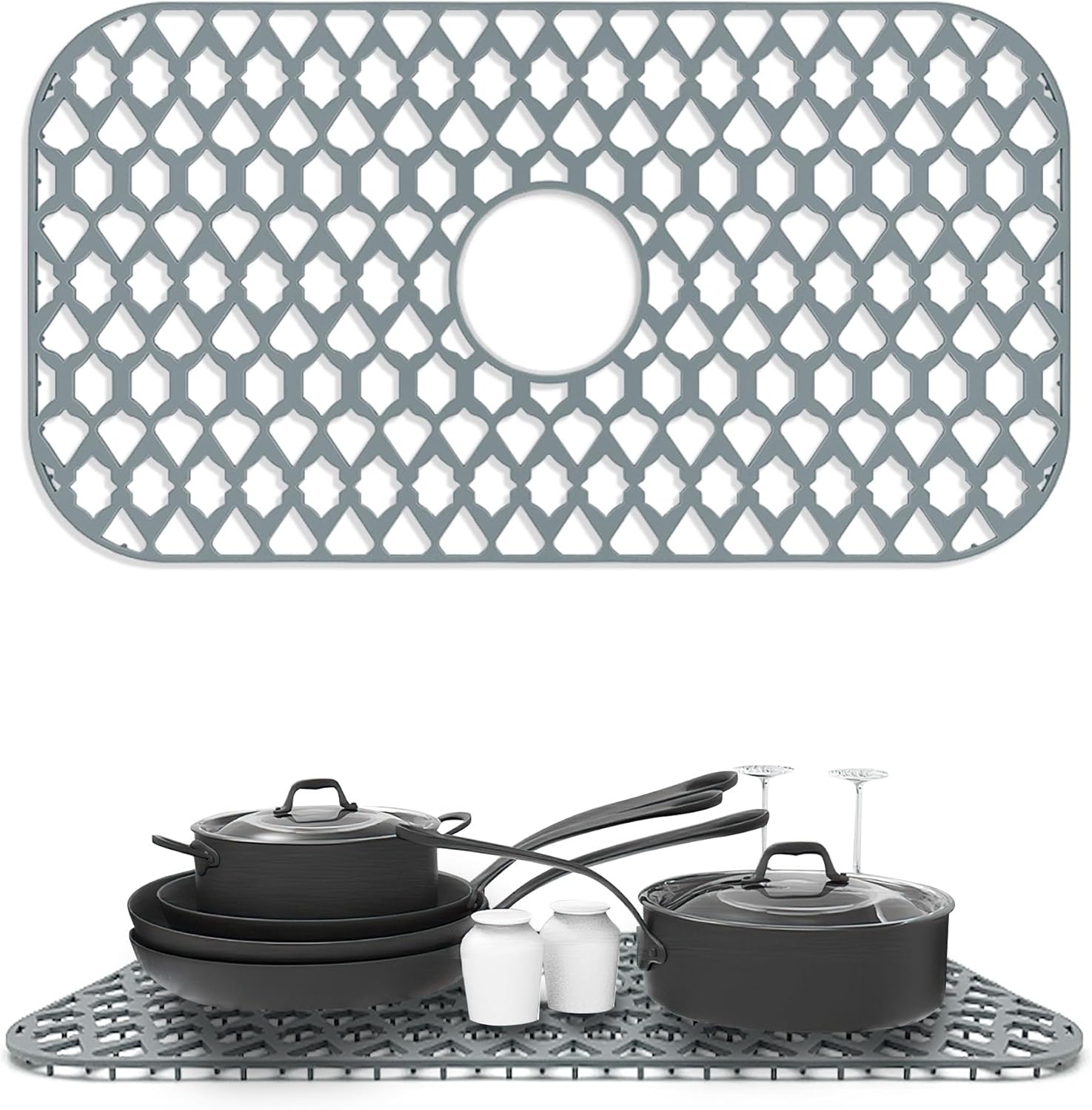Sink Protectors for Kitchen Sink 13x11 &16x12 & 18x12 & 19x13 & 22x13 & 21x16 & 24x13 & 26x14 & 28x14 & 30x16, Silicone Sink Mat Grid for Bottom of Sink (26"x14", Center Drain) 26" x 14"Center Drain