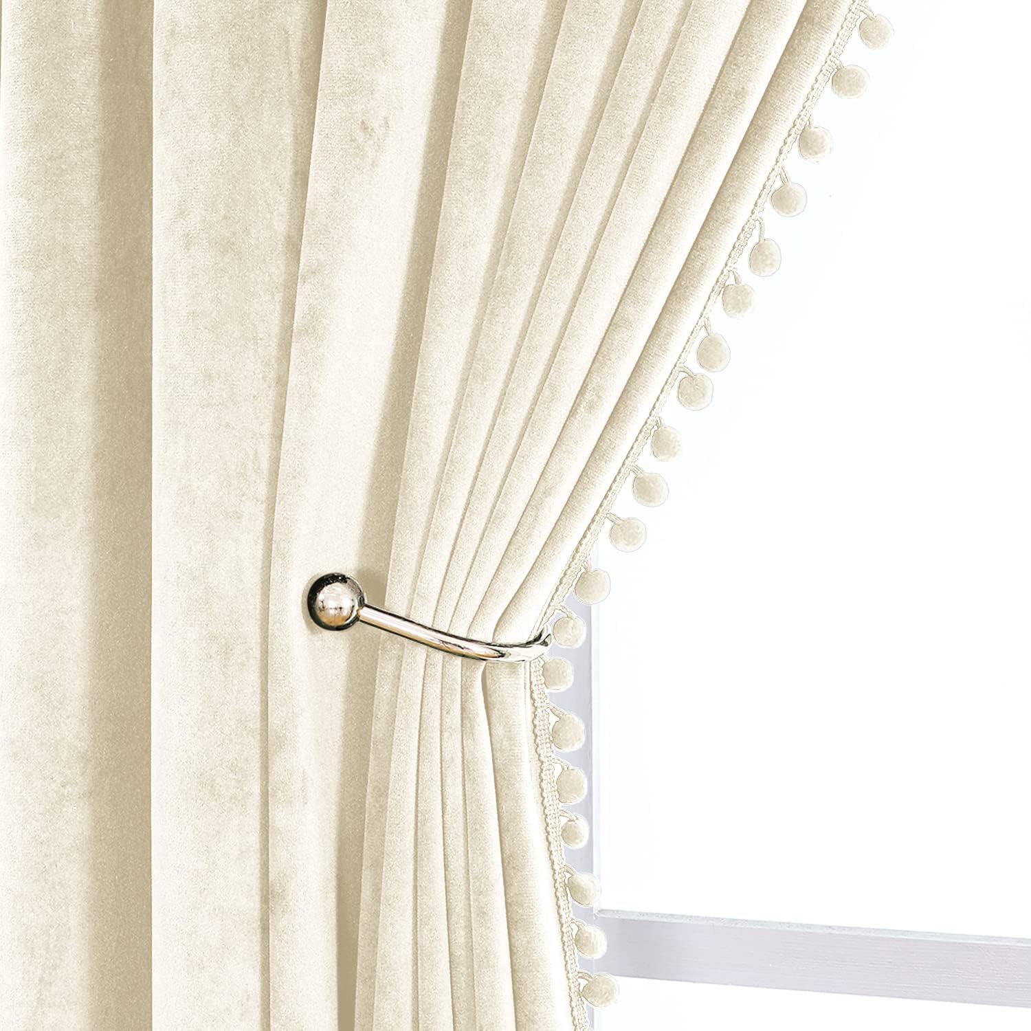 VANASEE Pompom Velvet Curtains for Bedroom Rod Pocket 52x63 inch Soft Blackout Window Curtains Room Darkening Drape Light Blocking for Living Room 2 Panels,Ivory 52"W x 63"L (Pack of 2) Ivory