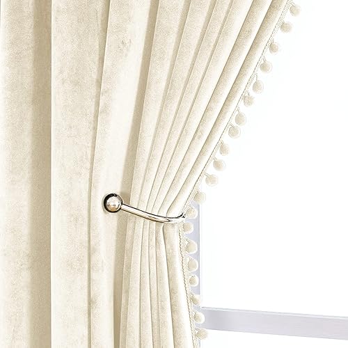 Cortinas de terciopelo con pompones para dormitorio, bolsillo para barra, 52 x 96 pulgadas, cortinas opacas suaves para ventana, oscurecimiento de