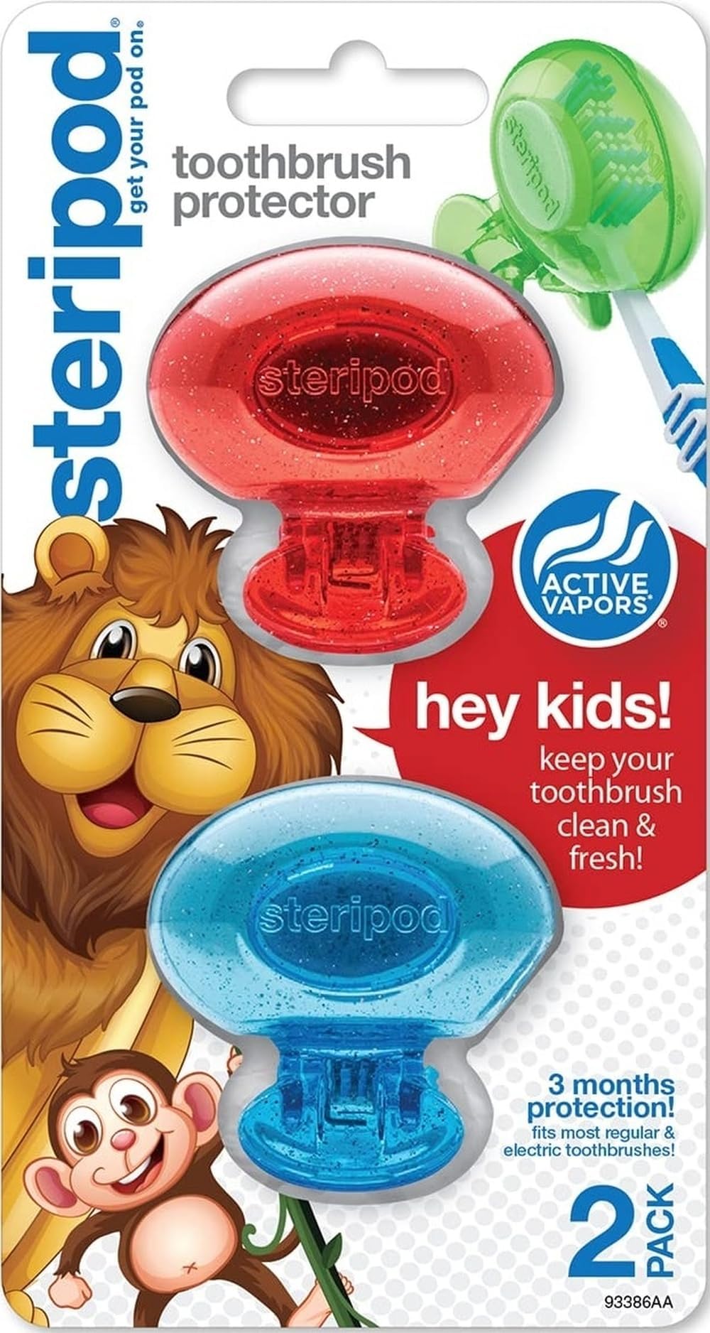 Steripod Kids Clip-On Toothbrush Protector, Glitter Red/Blue, 2 Count