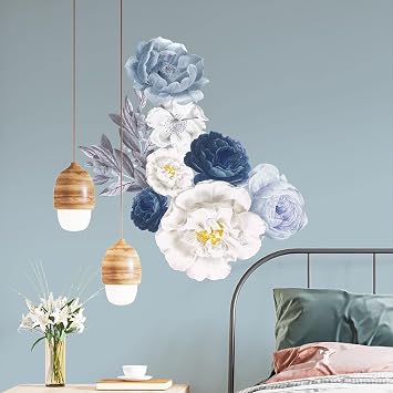 WALPLUS Elegant Blue Watercolour Peonies Wall Stickers 110 x 60 cm, Peel and Stick Removable Wall Decals for Bedroom Nursery Playroom Living Room Decor