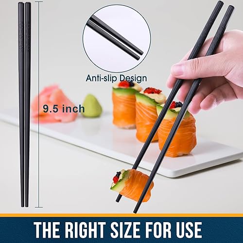 Miniatura 3 de Palillos, GLAMFIELDS 5 pares de palillos negros premium reutilizables para sushi, palillos japoneses mate antideslizantes con estuche de regalo