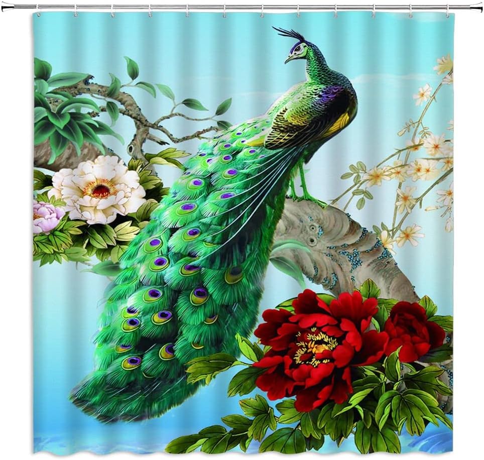 Peacock Shower Curtain Red Peony Flowers Branch Asian Traditional Chinese Oriental Spring Landscape Antique Pattern Fabric Bathroom Decor Set with Hooks(70" Wx78 H)