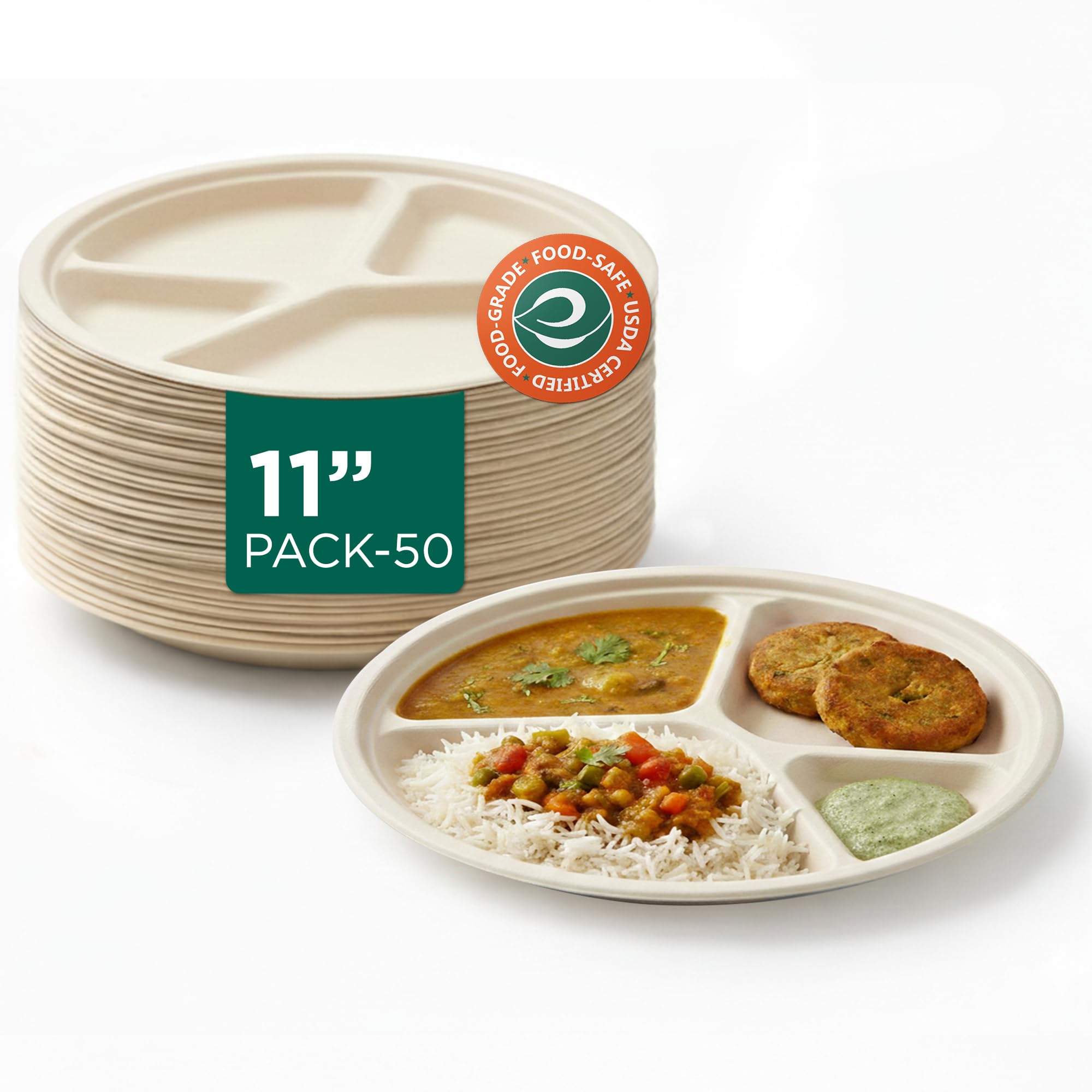 ECO SOUL | Round 4 Compartment Bagasse Plates | 11 Inch - Pack of 50 | Beige | Eco-Friendly Compostable Plates | Strong, Microwave-Safe Sugarcane Plate for Parties, Events & Catering