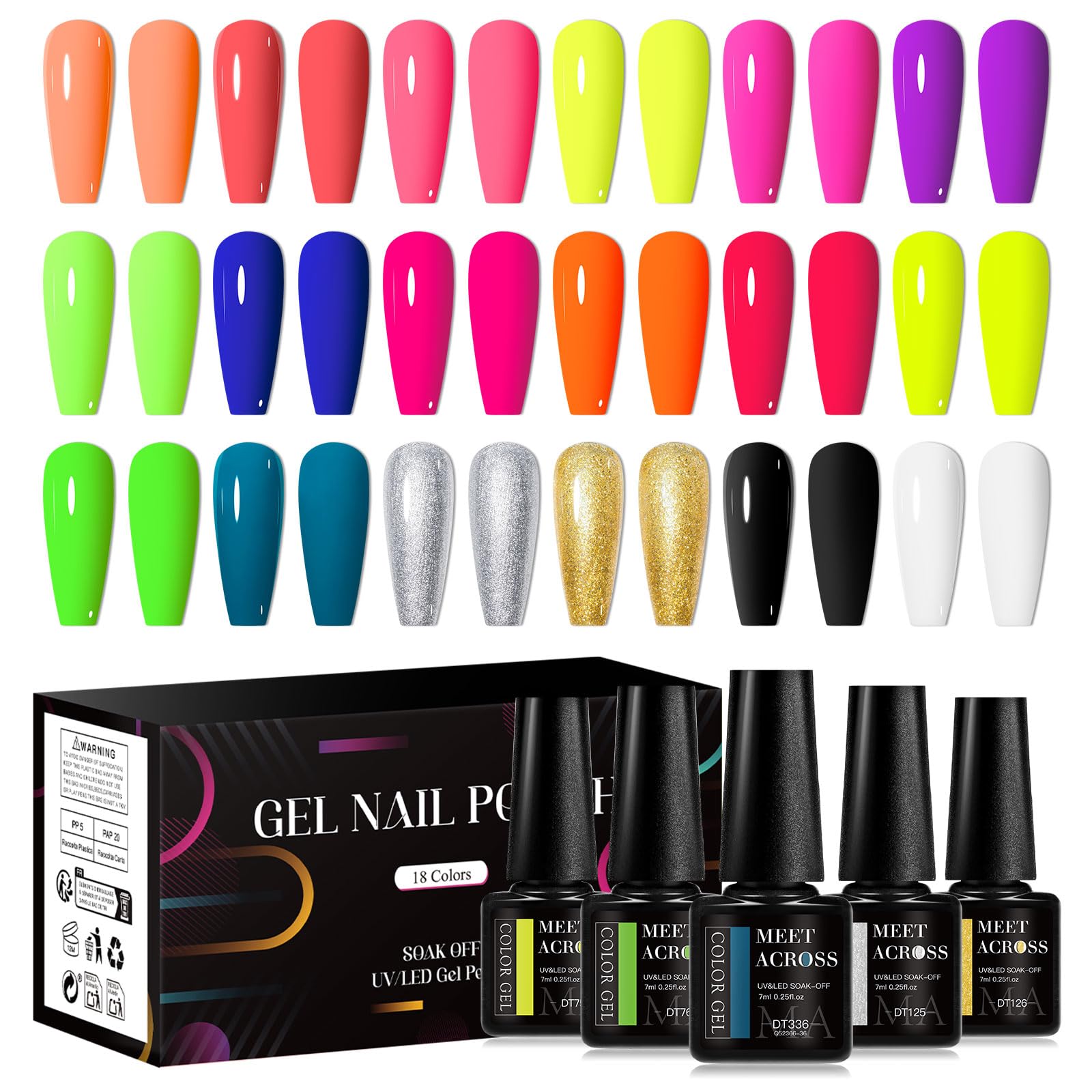 MEET ACROSS 18pcs Gel Nail Polish Set Soak Off UV LED Lamp Gel Nail Polish Kit (SET-5, 18pcs)