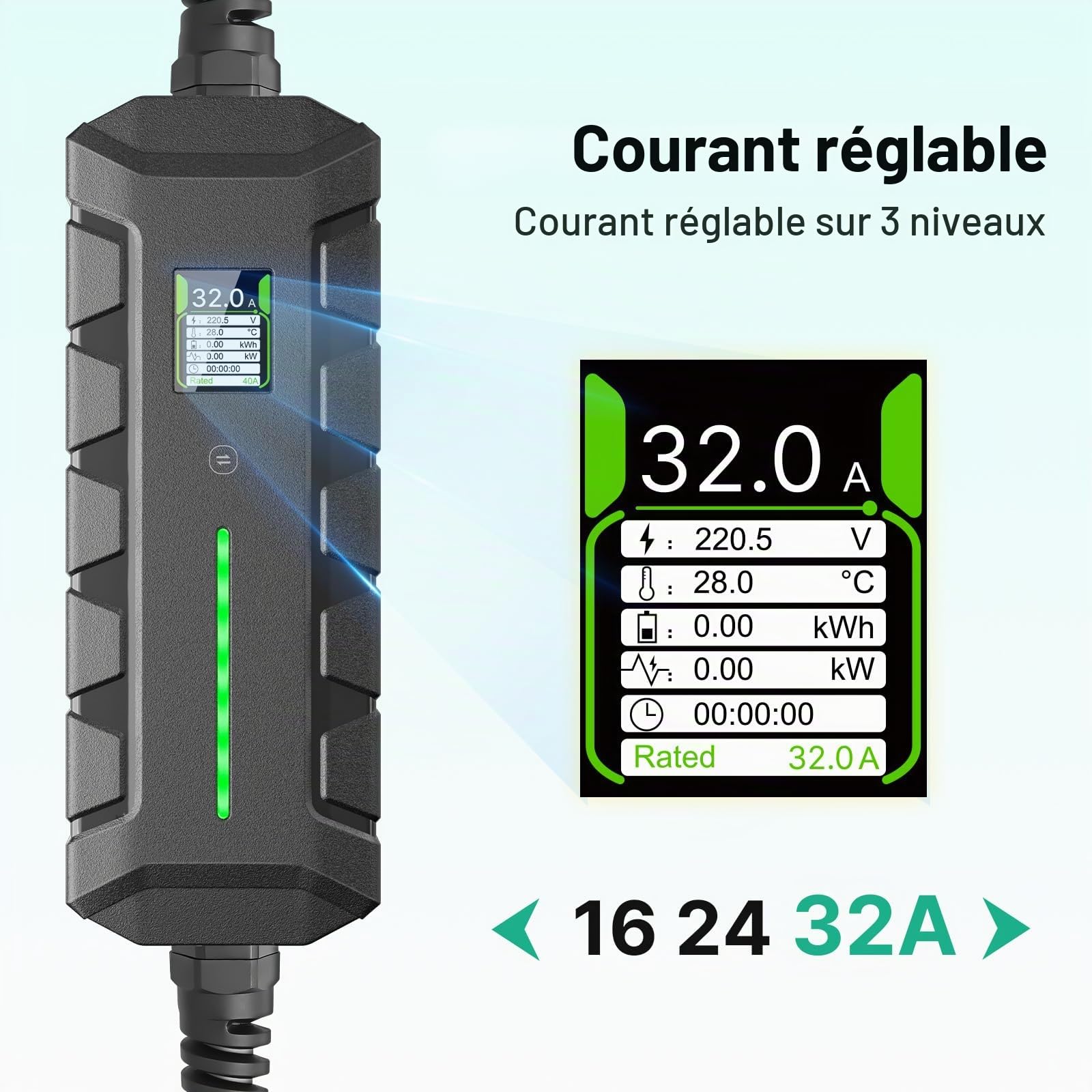 7,4kW Chargeur Voiture Electrique Type 2 avec P17 32A Prise, Monophasé | 16-32A | 6M EV Chargeur, Station de Charge avec écran Numérique, Cable Recharge Voiture Électrique pour EV & PHEV IP66