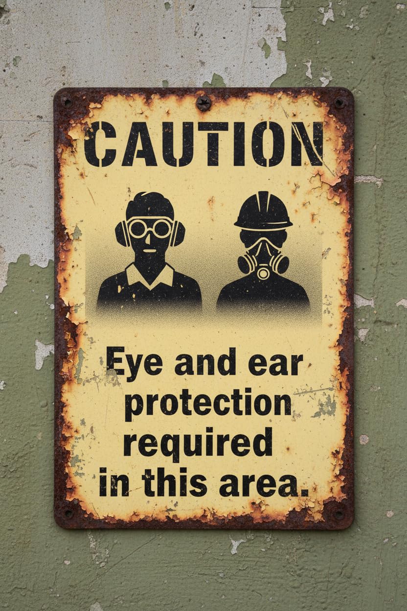 Wall Decor Ansi Safety Sign, Caution: Eye And Ear Protection Required Metal Sign 8 X 12 Inches Clear Signage For S, Fences Vintage Signs Aluminum Plates Printed