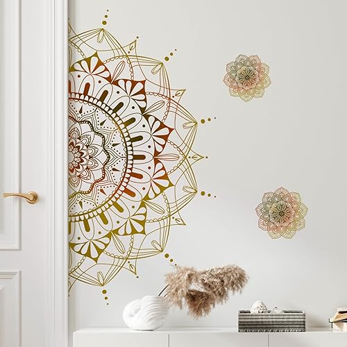 Miniatura 10 de Supzone Calcomanías de pared con diseño de mandala de media mandala, grandes y bohemios, flores azules bohemias, creativas, autoadhesivas, para